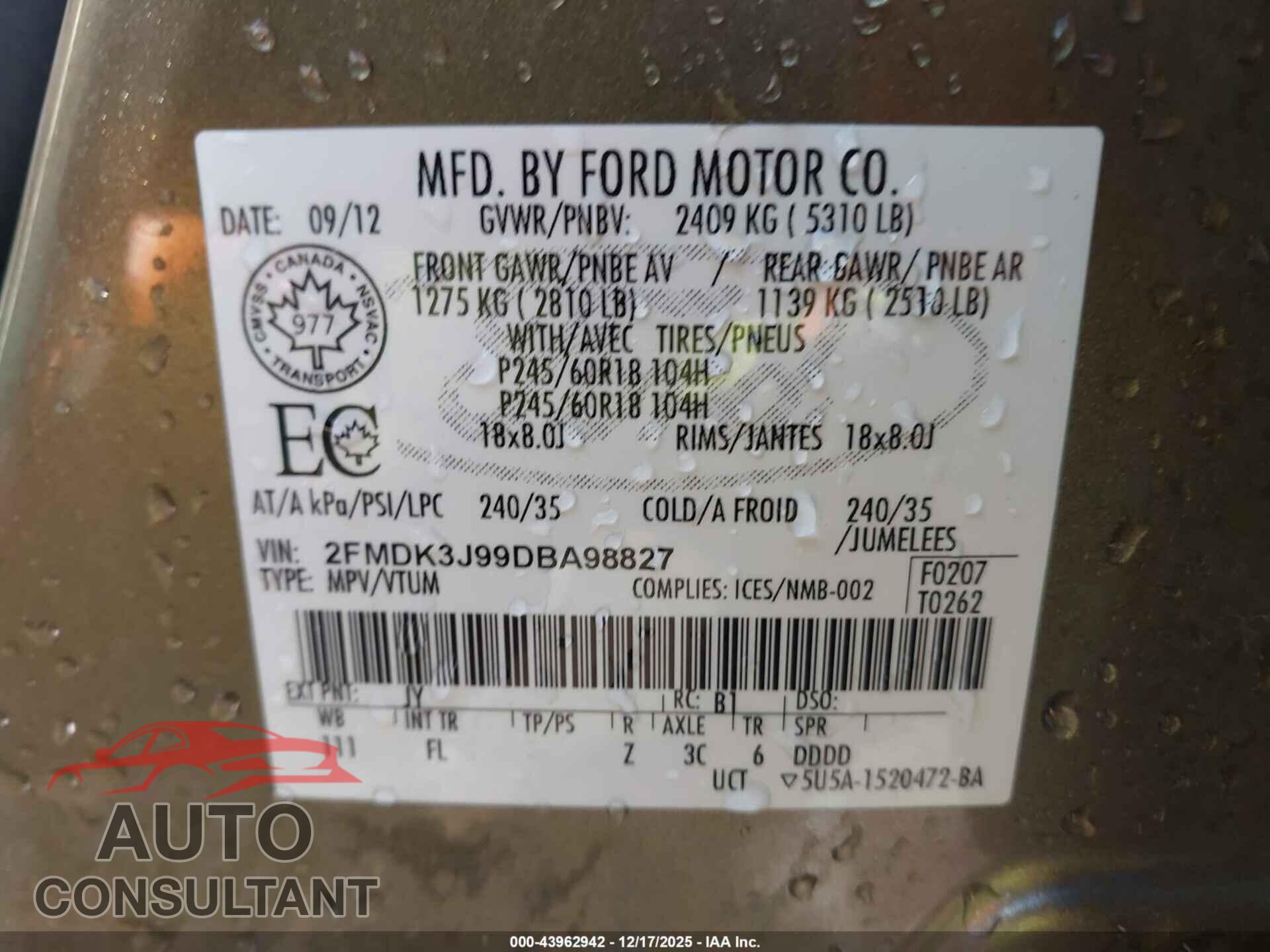 FORD EDGE 2013 - 2FMDK3J99DBA98827
