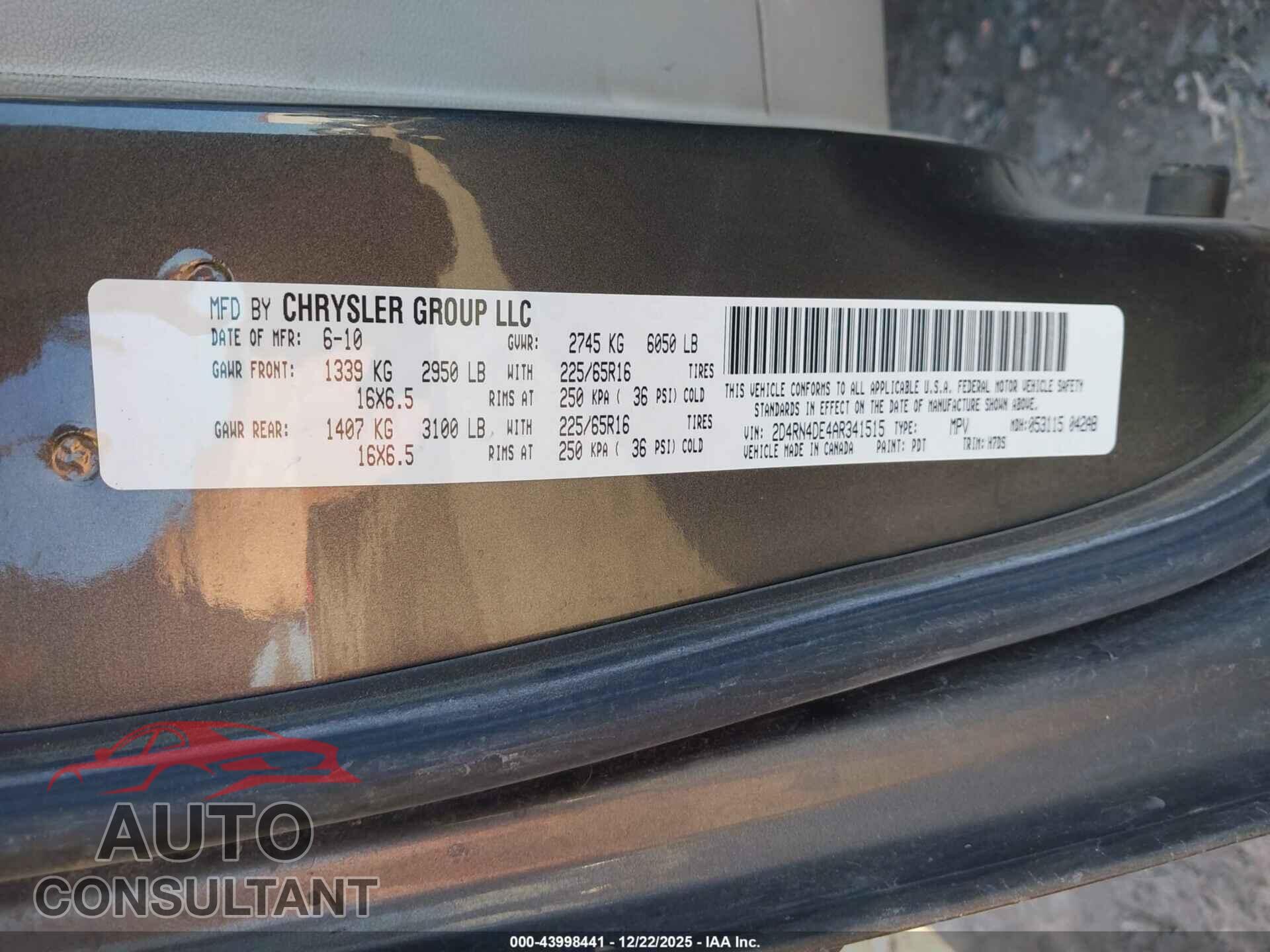 DODGE GRAND CARAVAN 2010 - 2D4RN4DE4AR341515