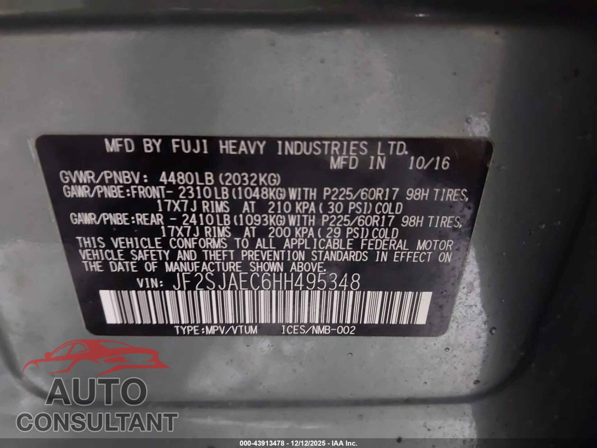 SUBARU FORESTER 2017 - JF2SJAEC6HH495348