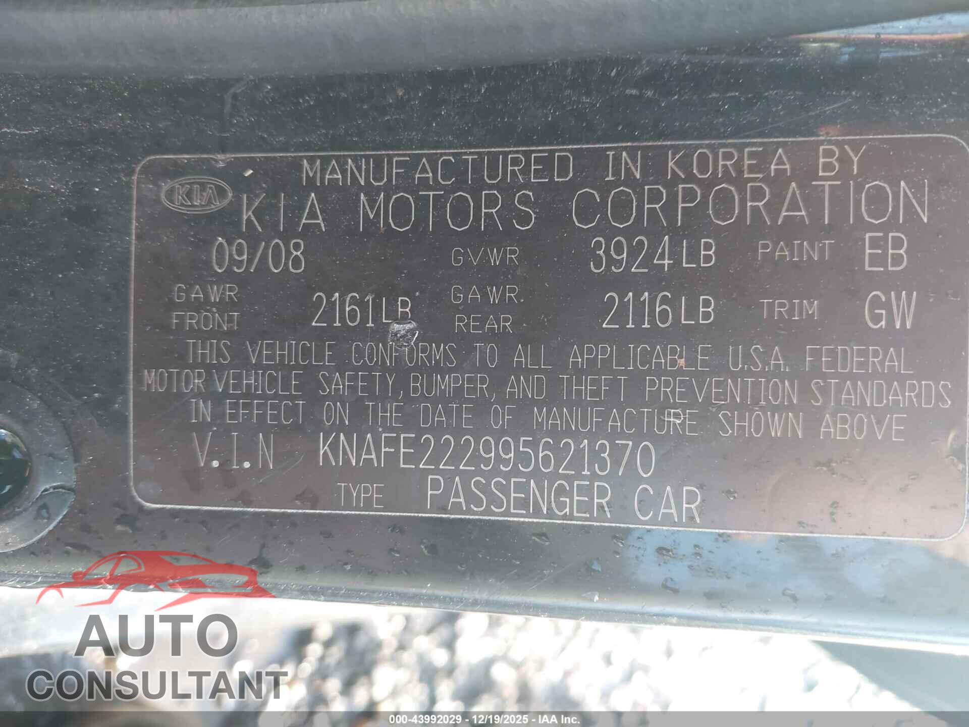 KIA SPECTRA 2009 - KNAFE222995621370