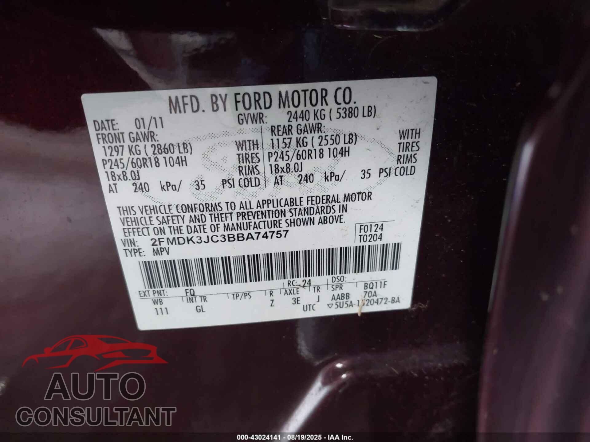 FORD EDGE 2011 - 2FMDK3JC3BBA74757