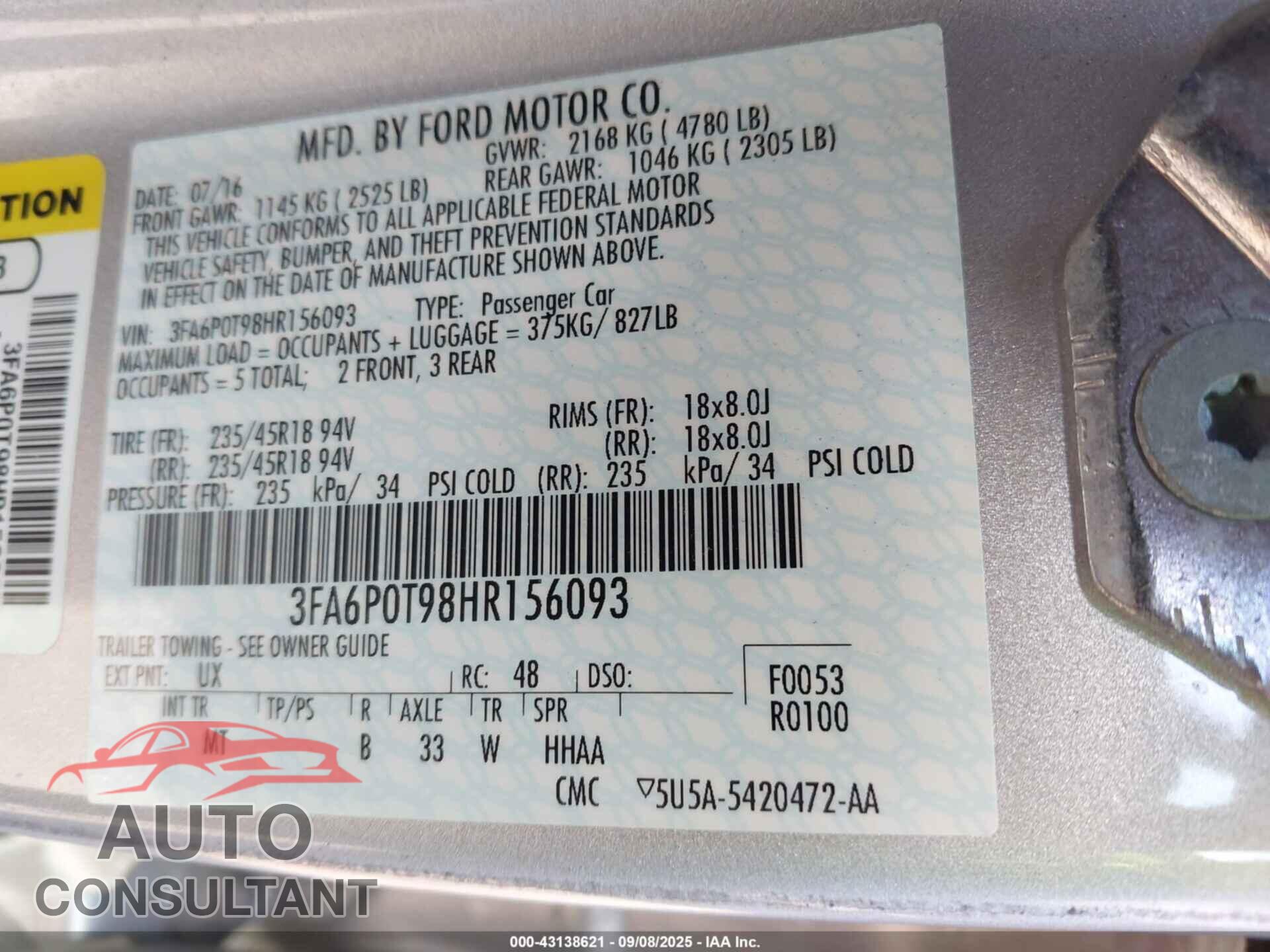 FORD FUSION 2017 - 3FA6P0T98HR156093
