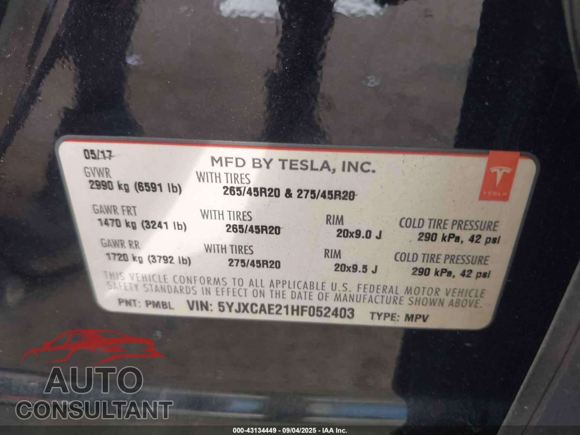 TESLA MODEL X 2017 - 5YJXCAE21HF052403