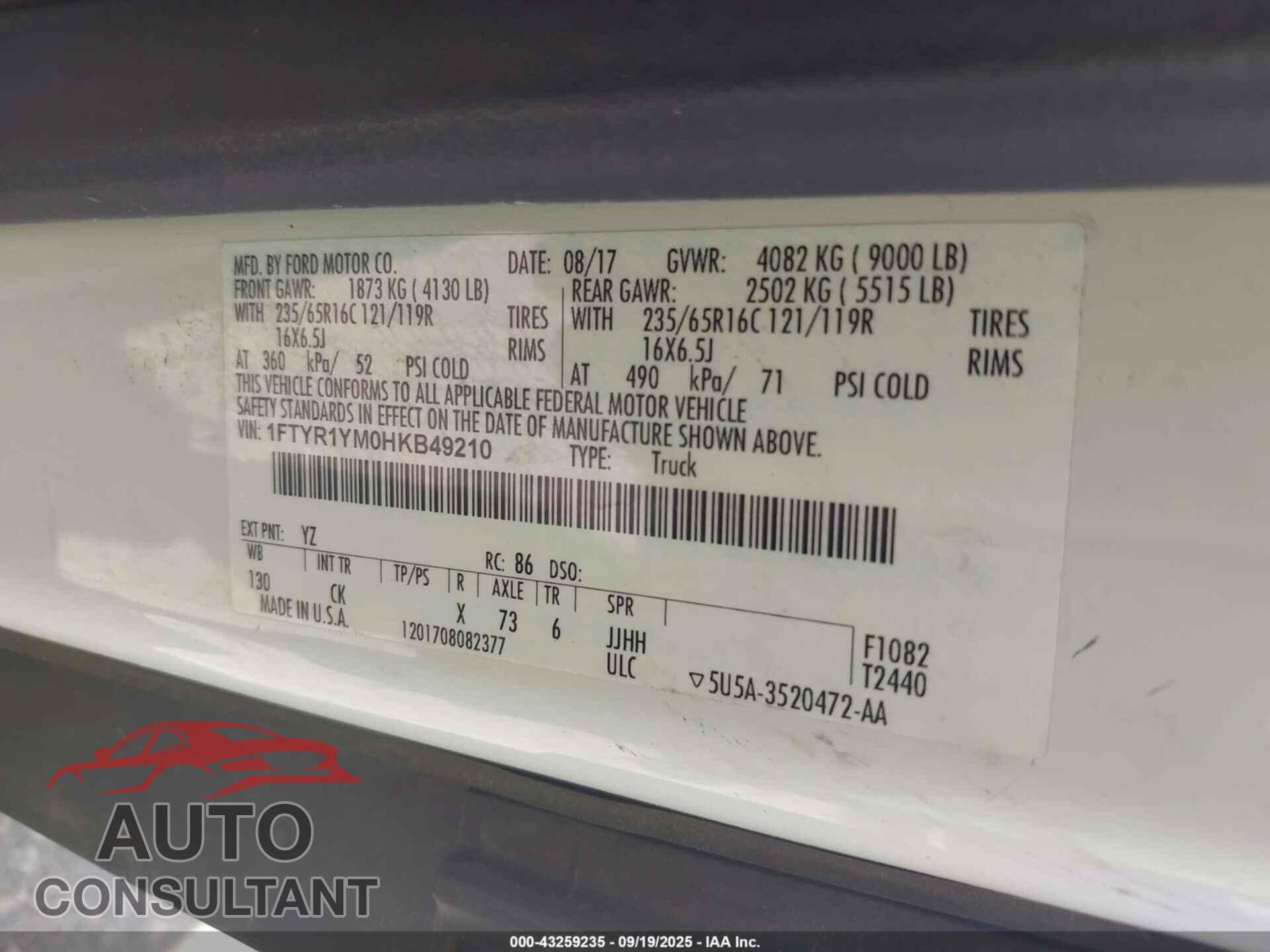 FORD TRANSIT-250 2017 - 1FTYR1YM0HKB49210