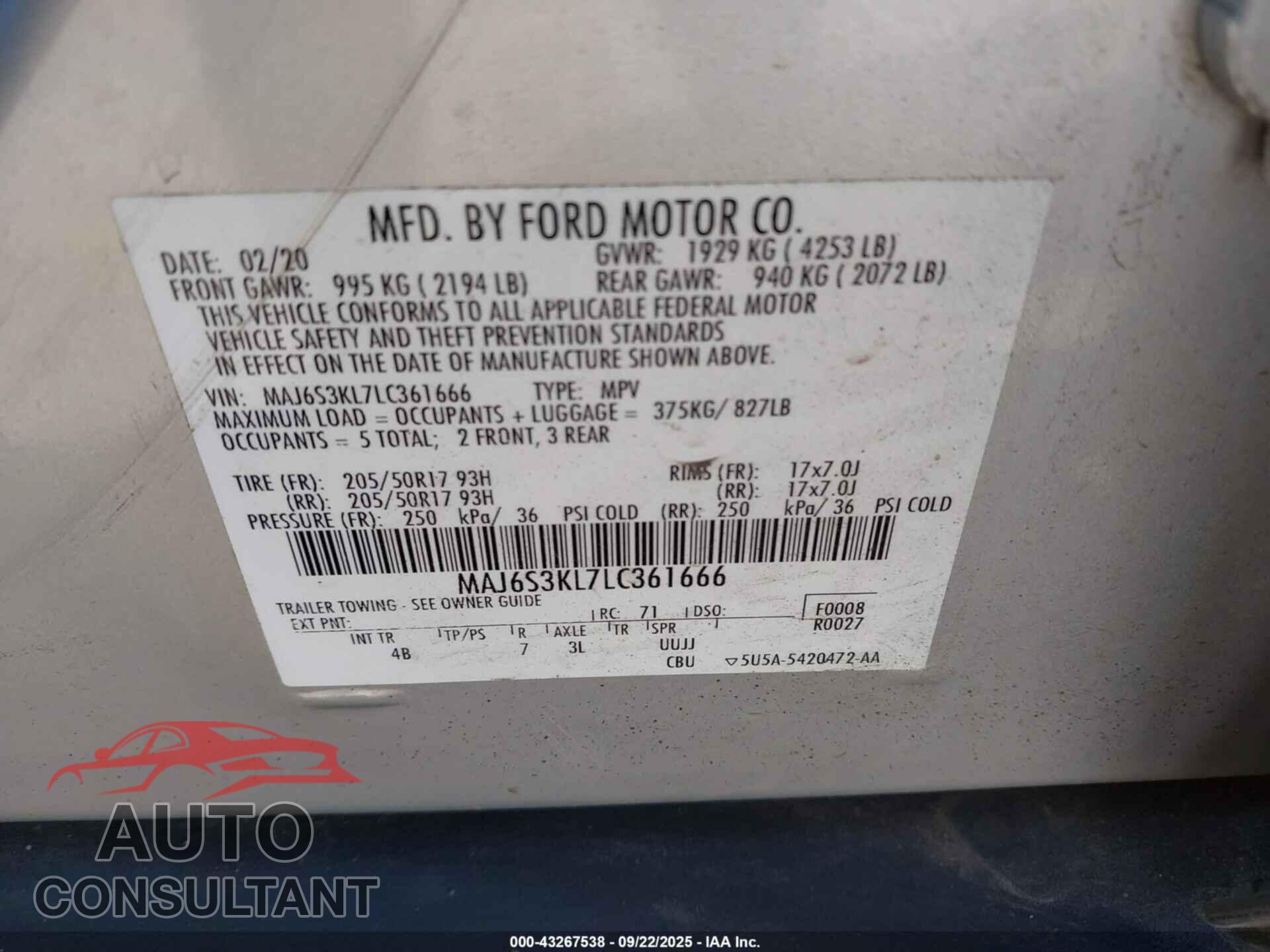 FORD ECOSPORT 2020 - MAJ6S3KL7LC361666
