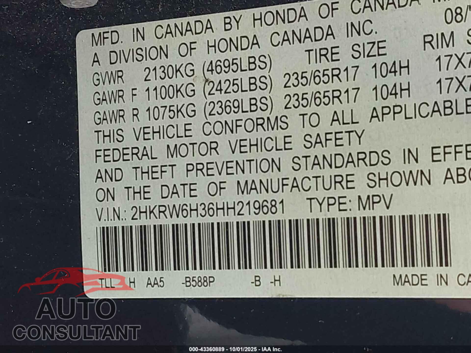 HONDA CR-V 2017 - 2HKRW6H36HH219681