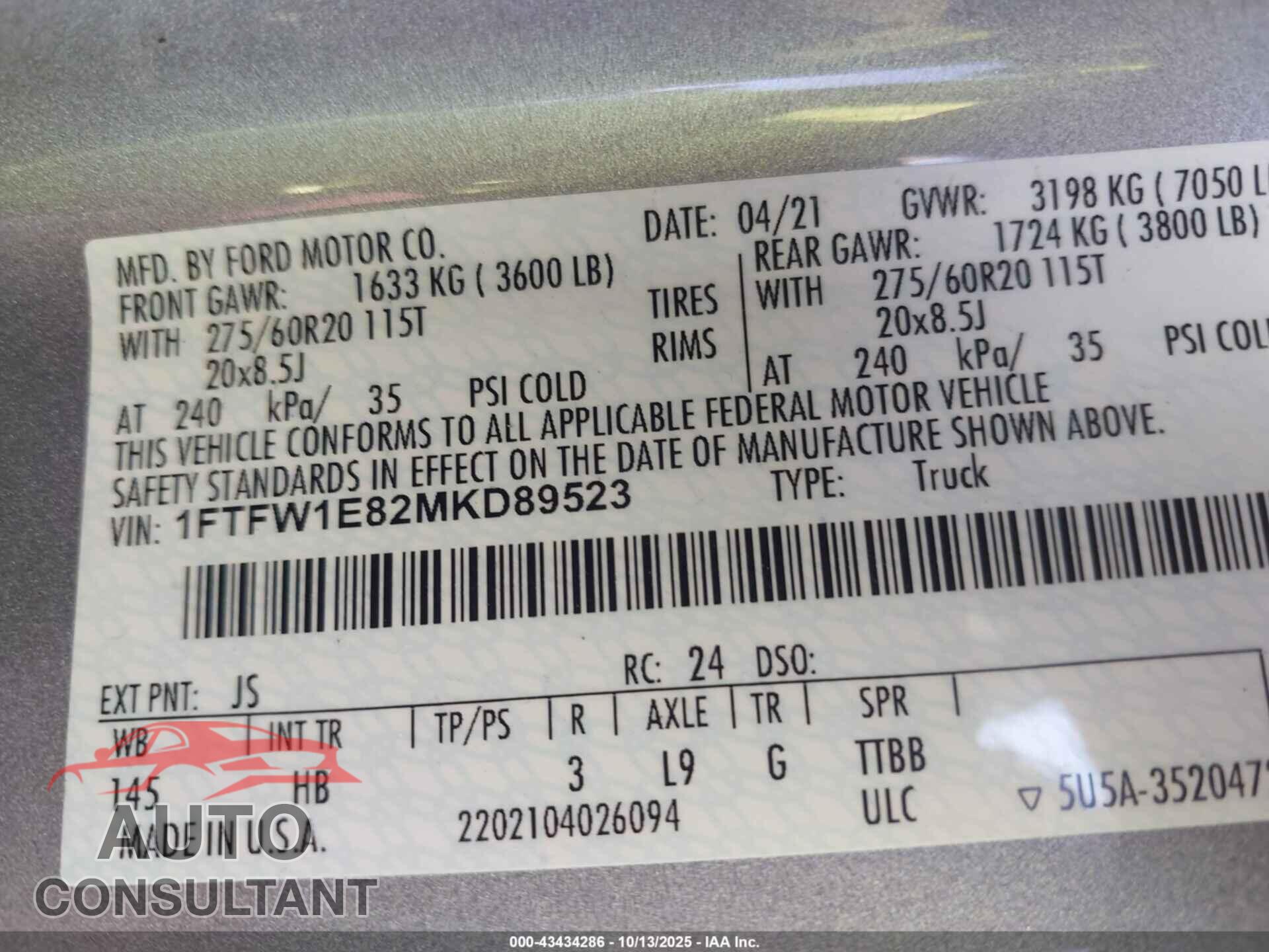 FORD F-150 2021 - 1FTFW1E82MKD89523