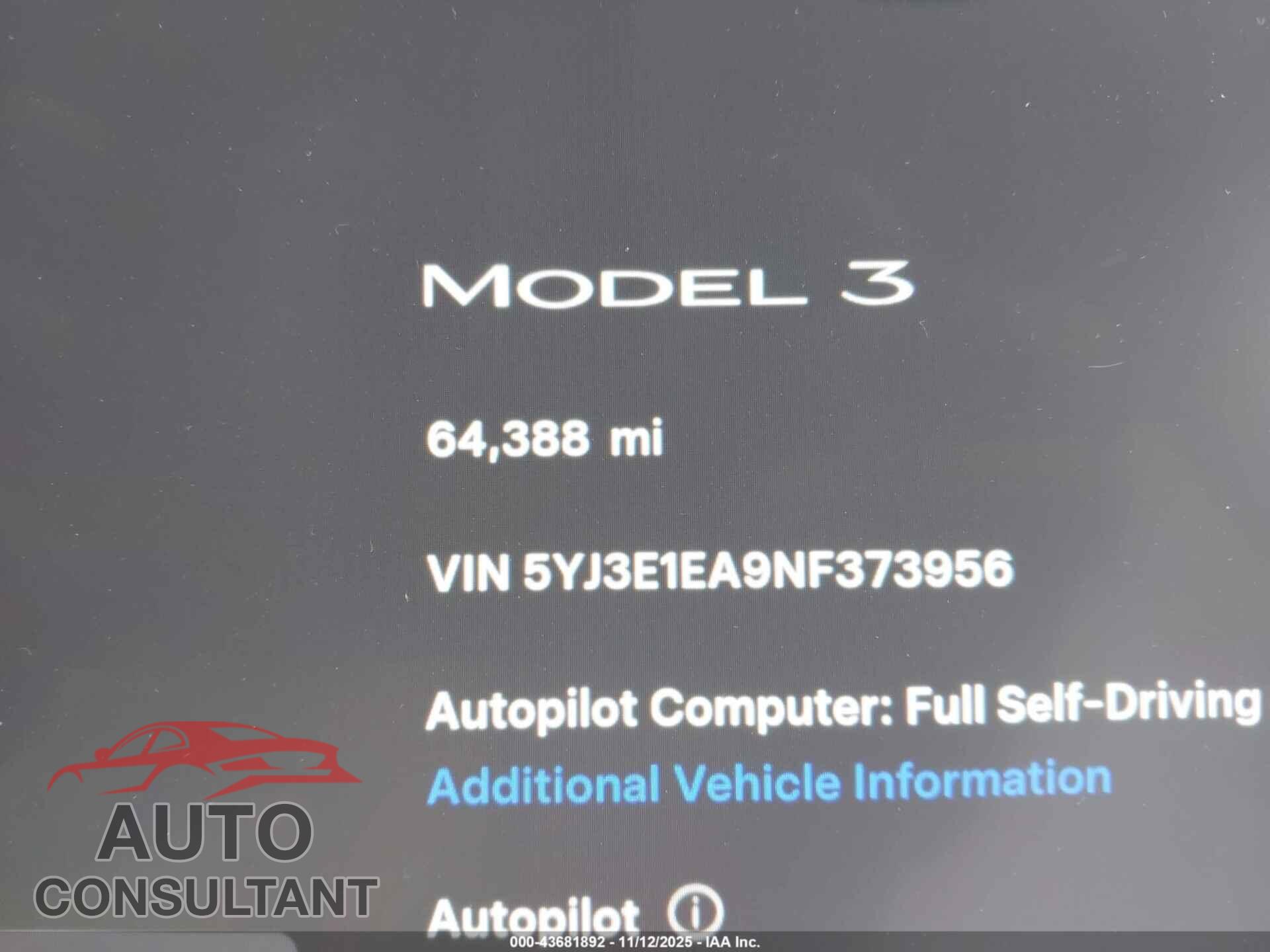 TESLA MODEL 3 2022 - 5YJ3E1EA9NF373956