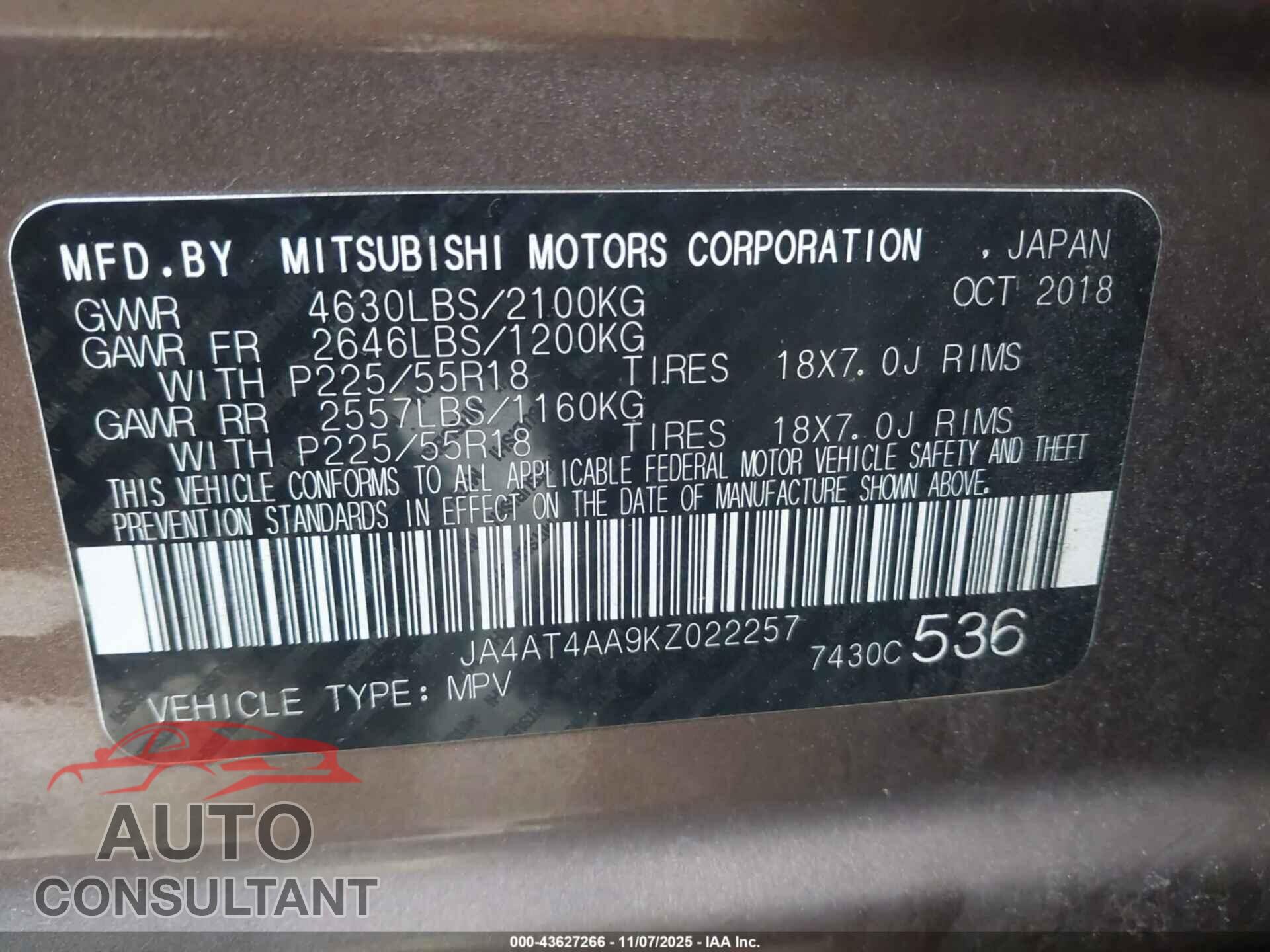 MITSUBISHI ECLIPSE CROSS 2019 - JA4AT4AA9KZ022257