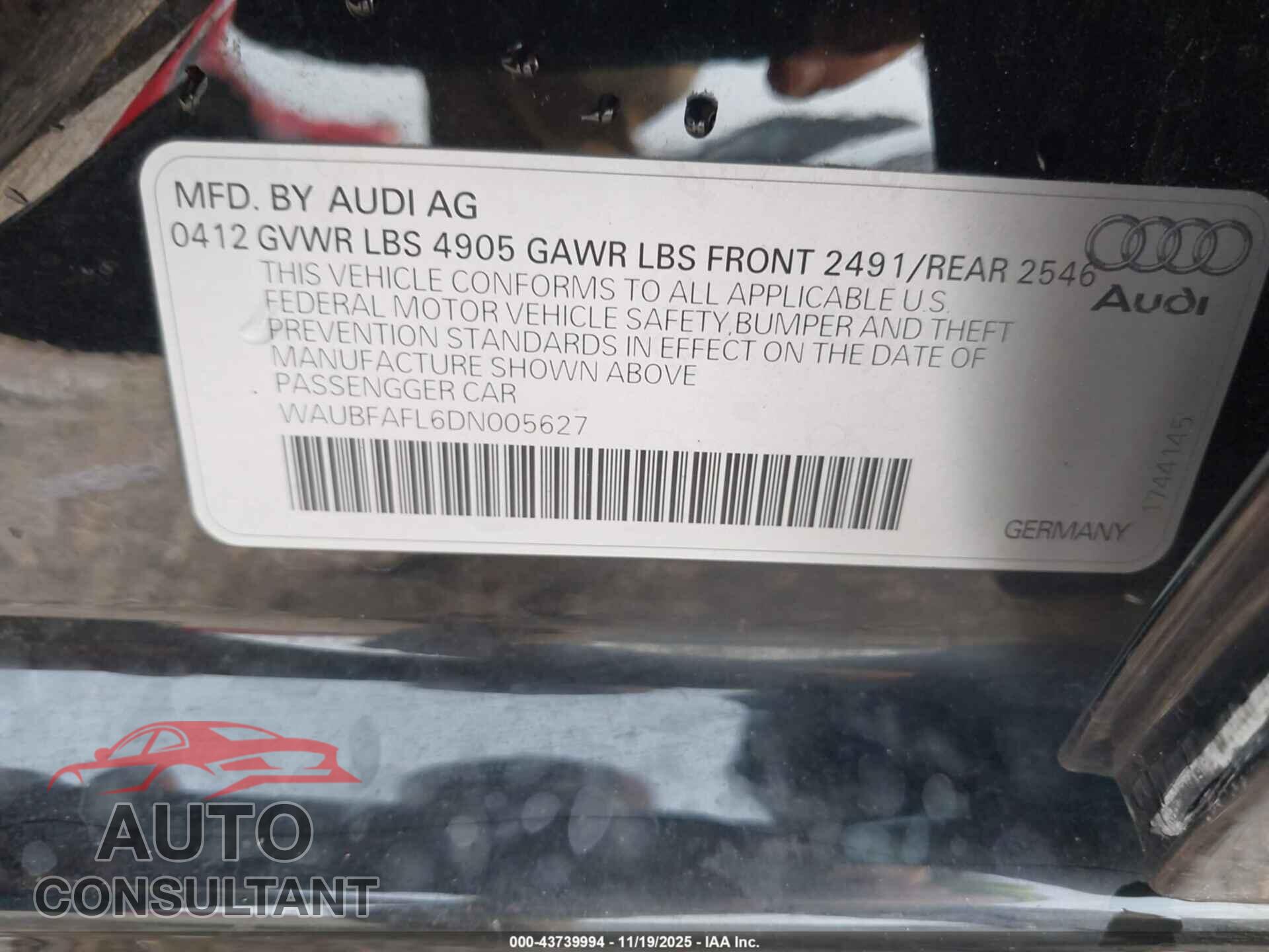 AUDI A4 2013 - WAUBFAFL6DN005627