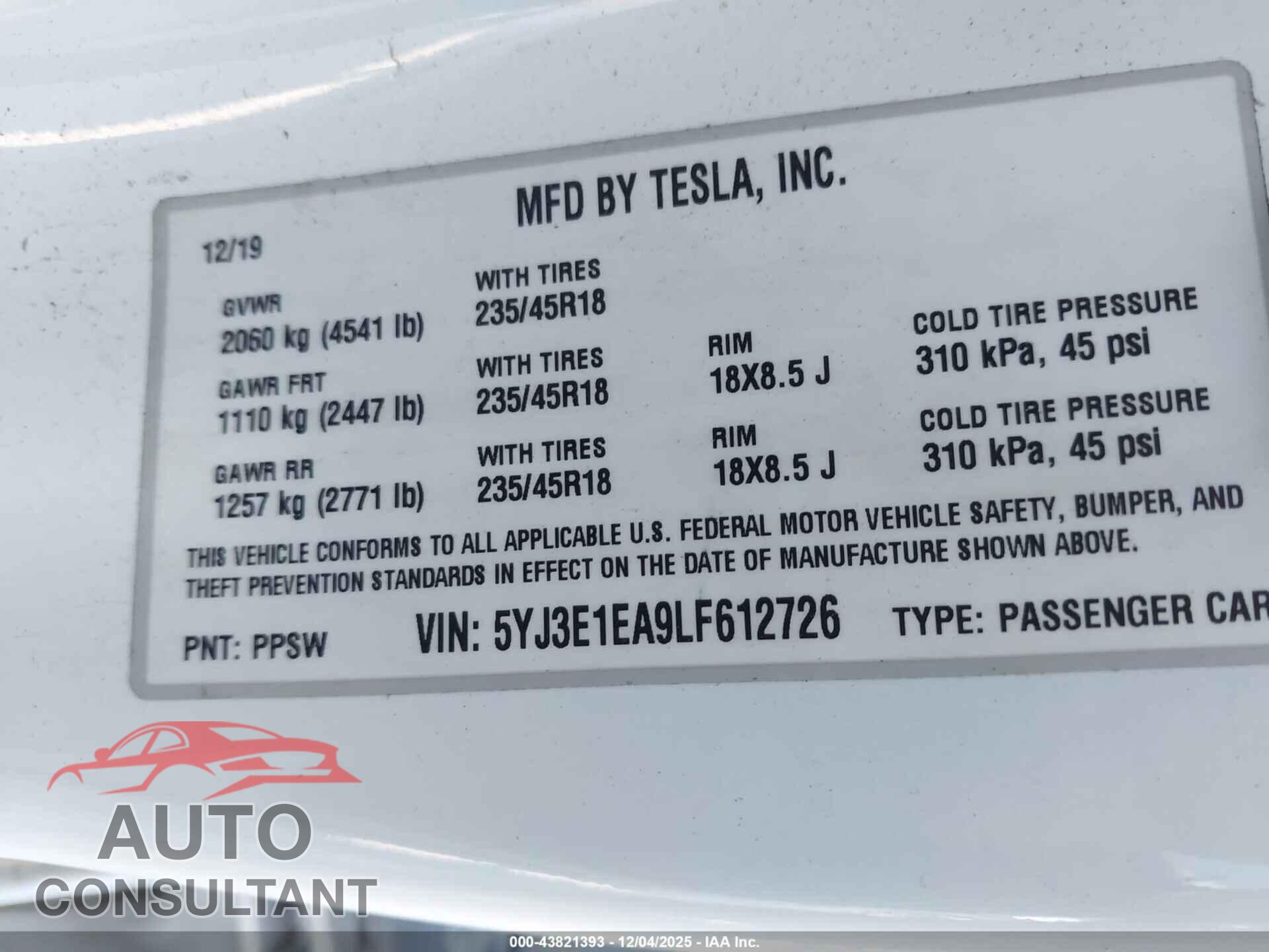 TESLA MODEL 3 2020 - 5YJ3E1EA9LF612726