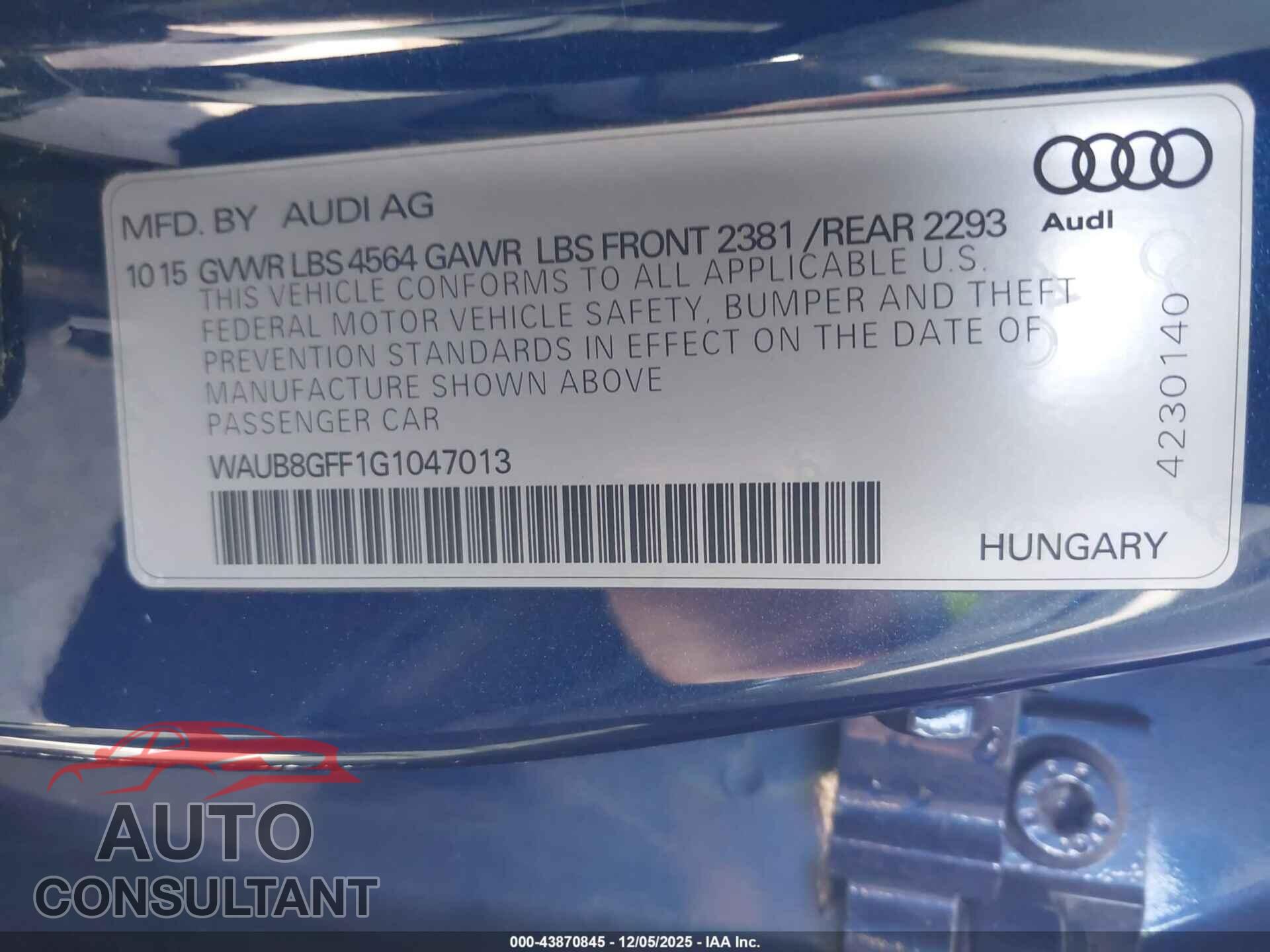 AUDI A3 2016 - WAUB8GFF1G1047013