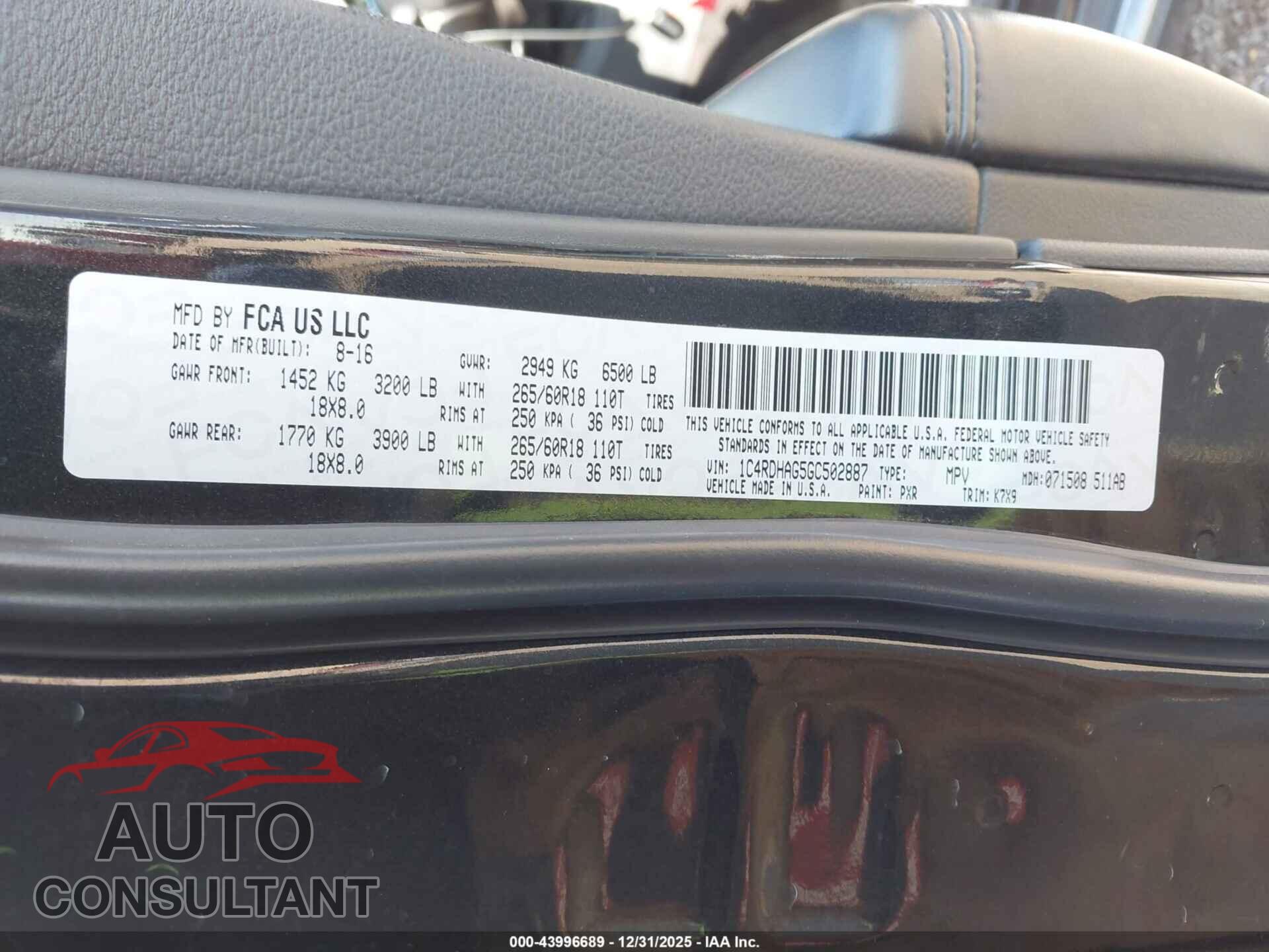 DODGE DURANGO 2016 - 1C4RDHAG5GC502887