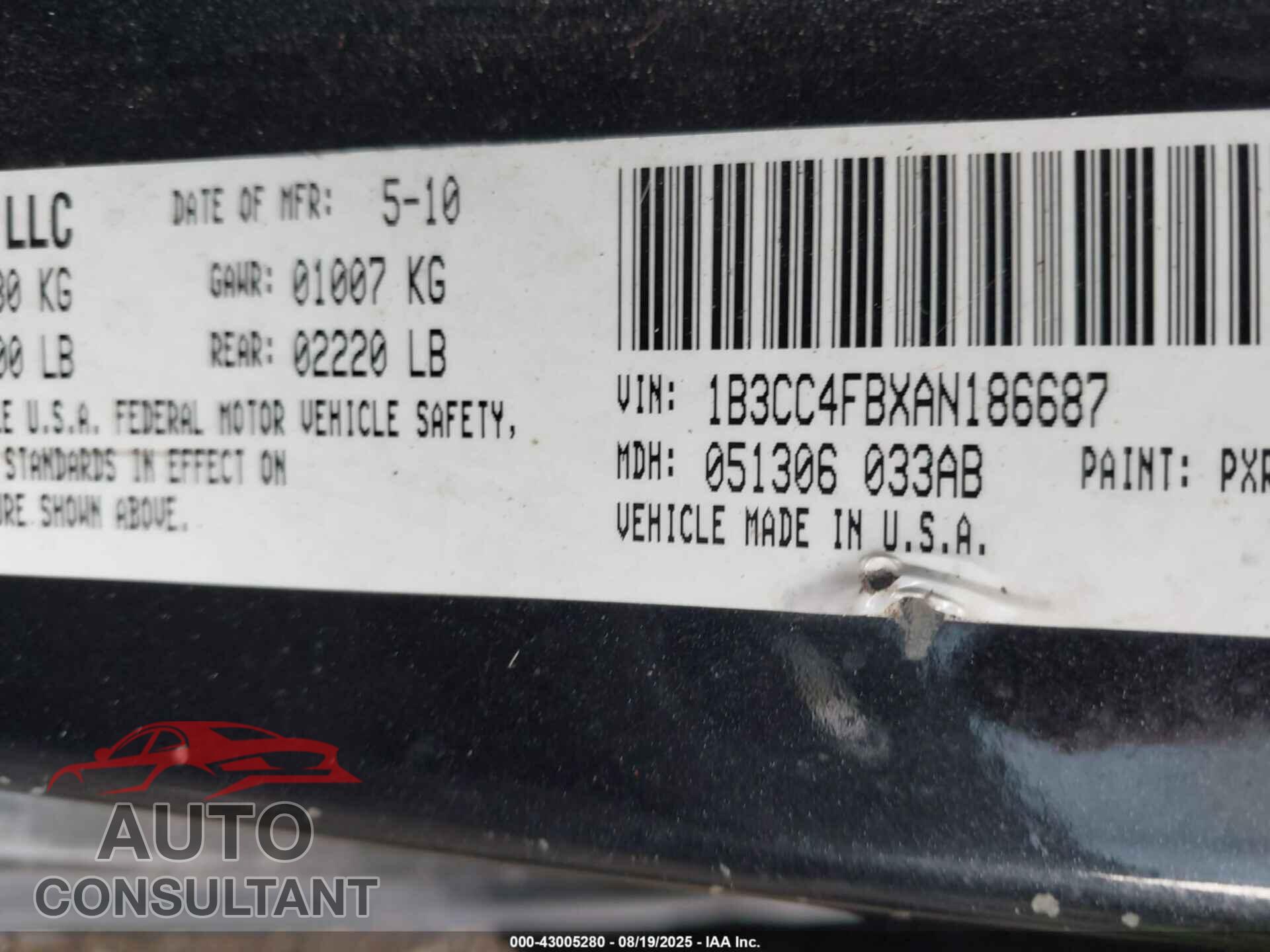 DODGE AVENGER 2010 - 1B3CC4FBXAN186687