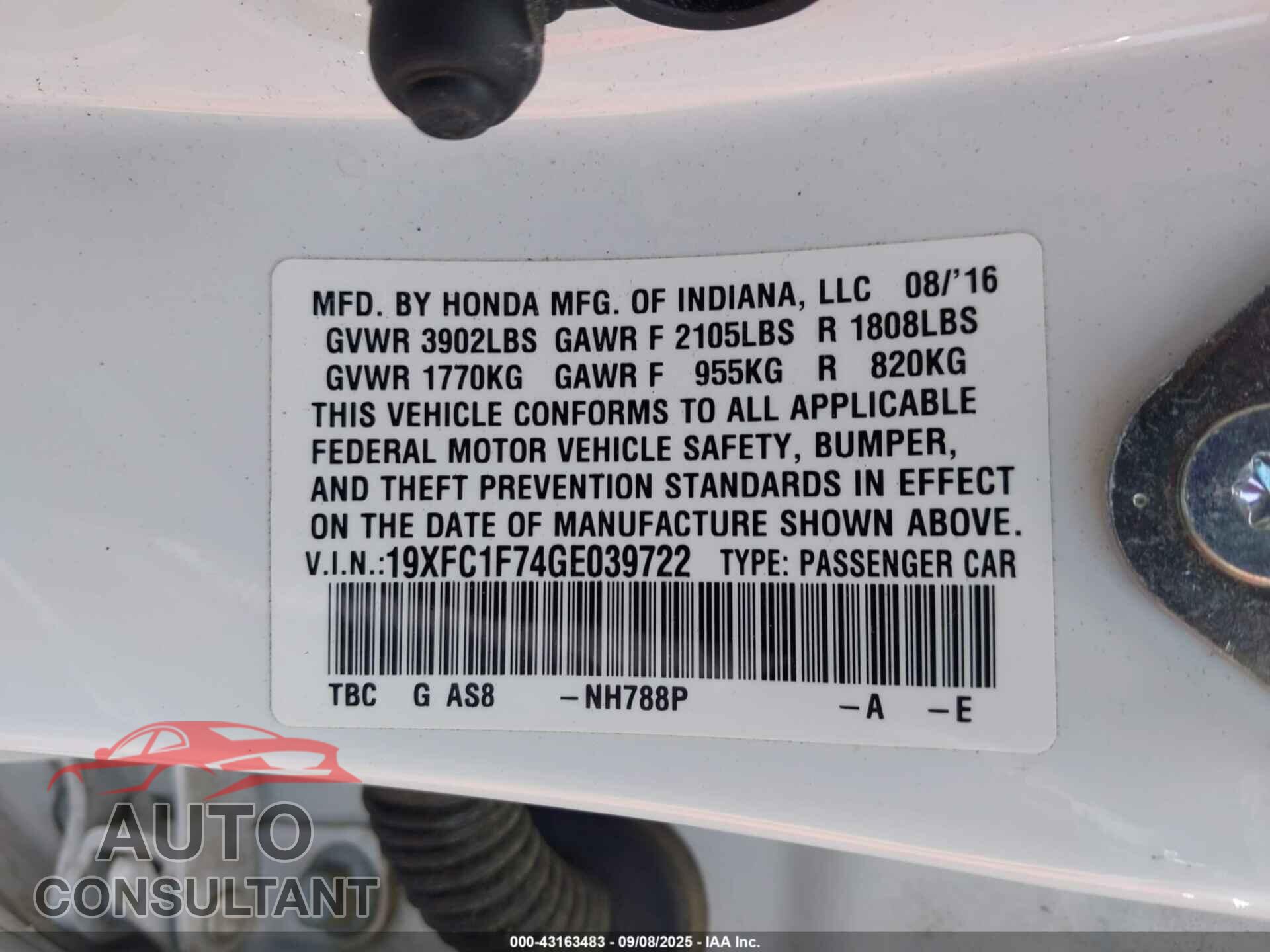 HONDA CIVIC 2016 - 19XFC2E5XGE007766