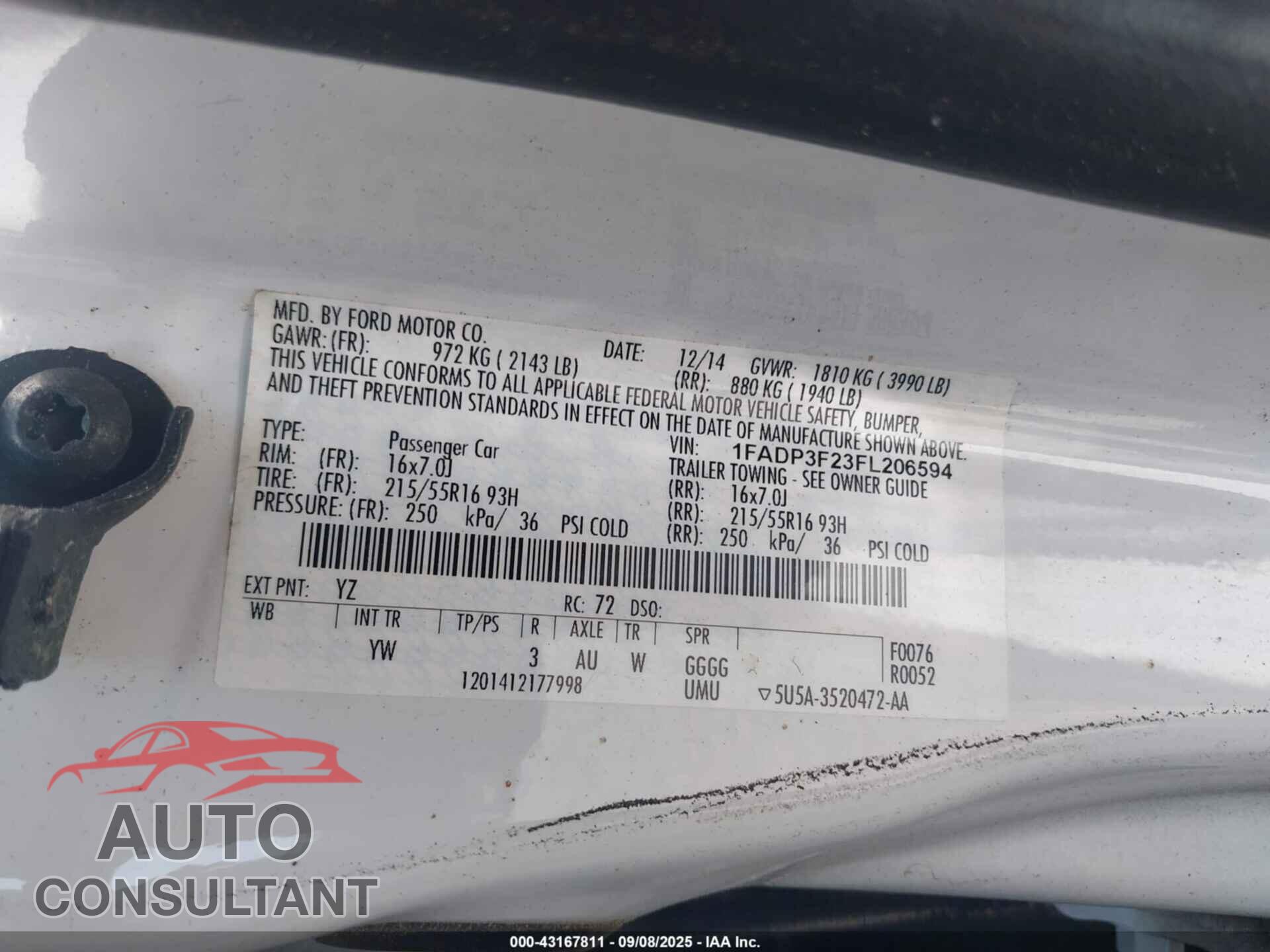 FORD FOCUS 2015 - 1FADP3F23FL206594
