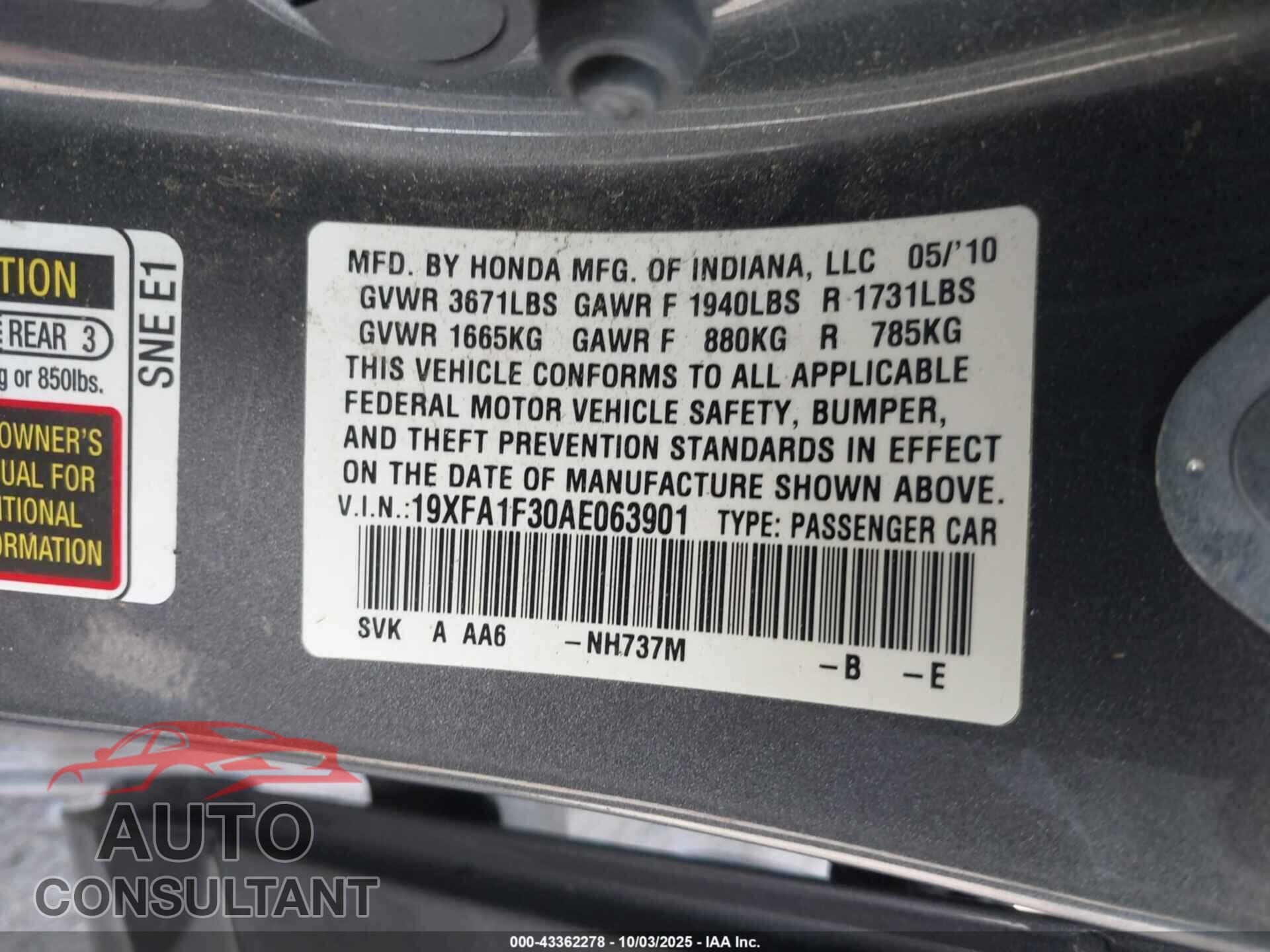 HONDA CIVIC 2010 - 19XFA1F30AE063901