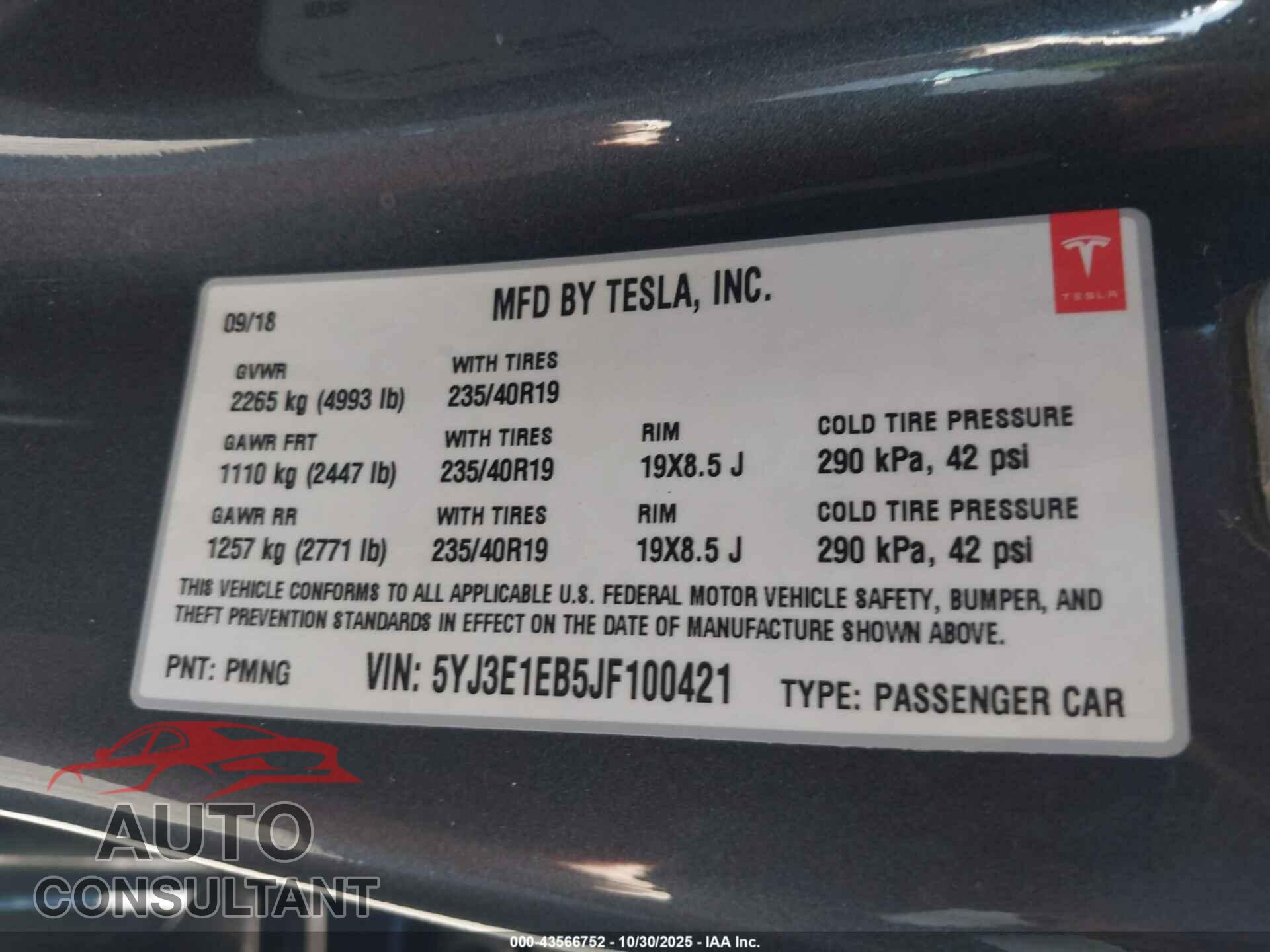 TESLA MODEL 3 2018 - 5YJ3E1EB5JF100421