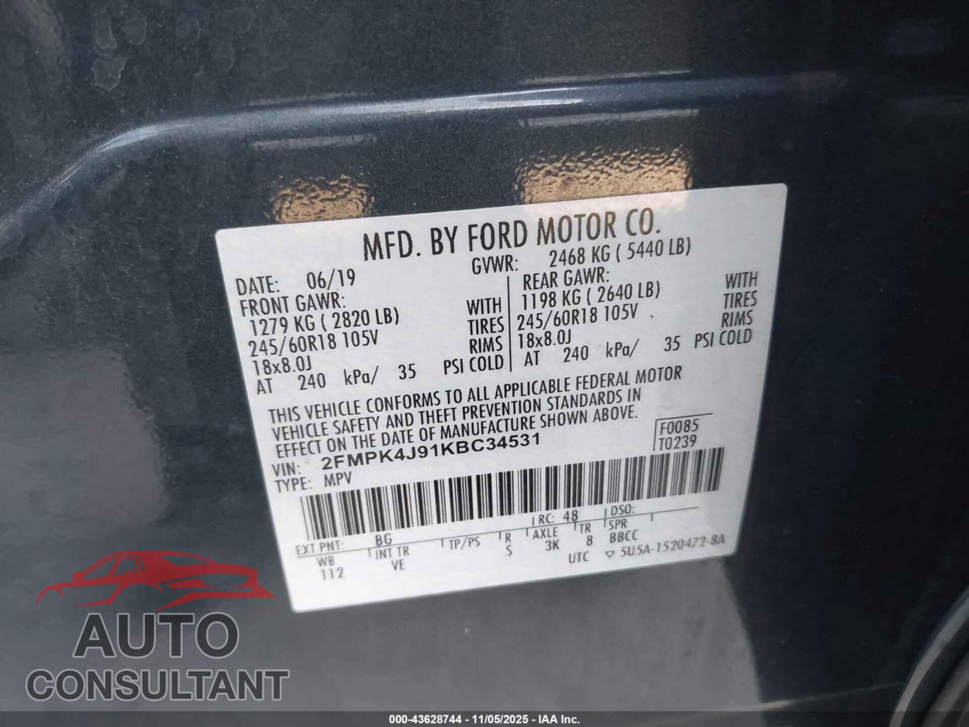 FORD EDGE 2019 - 2FMPK4J91KBC34531