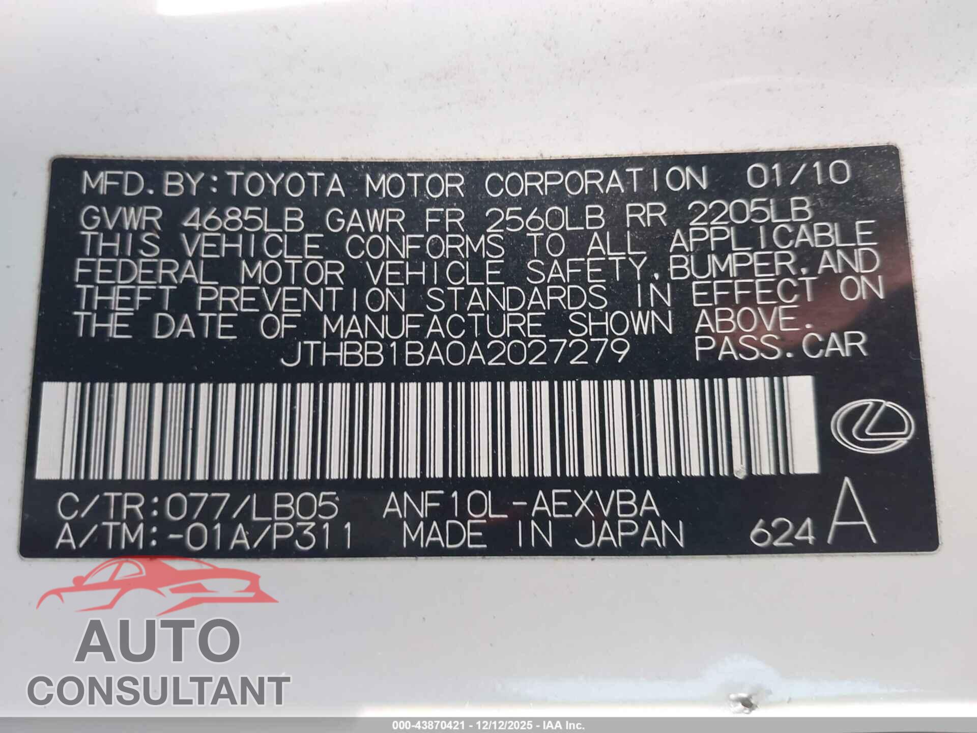 LEXUS HS 250H 2010 - JTHBB1BA0A2027279