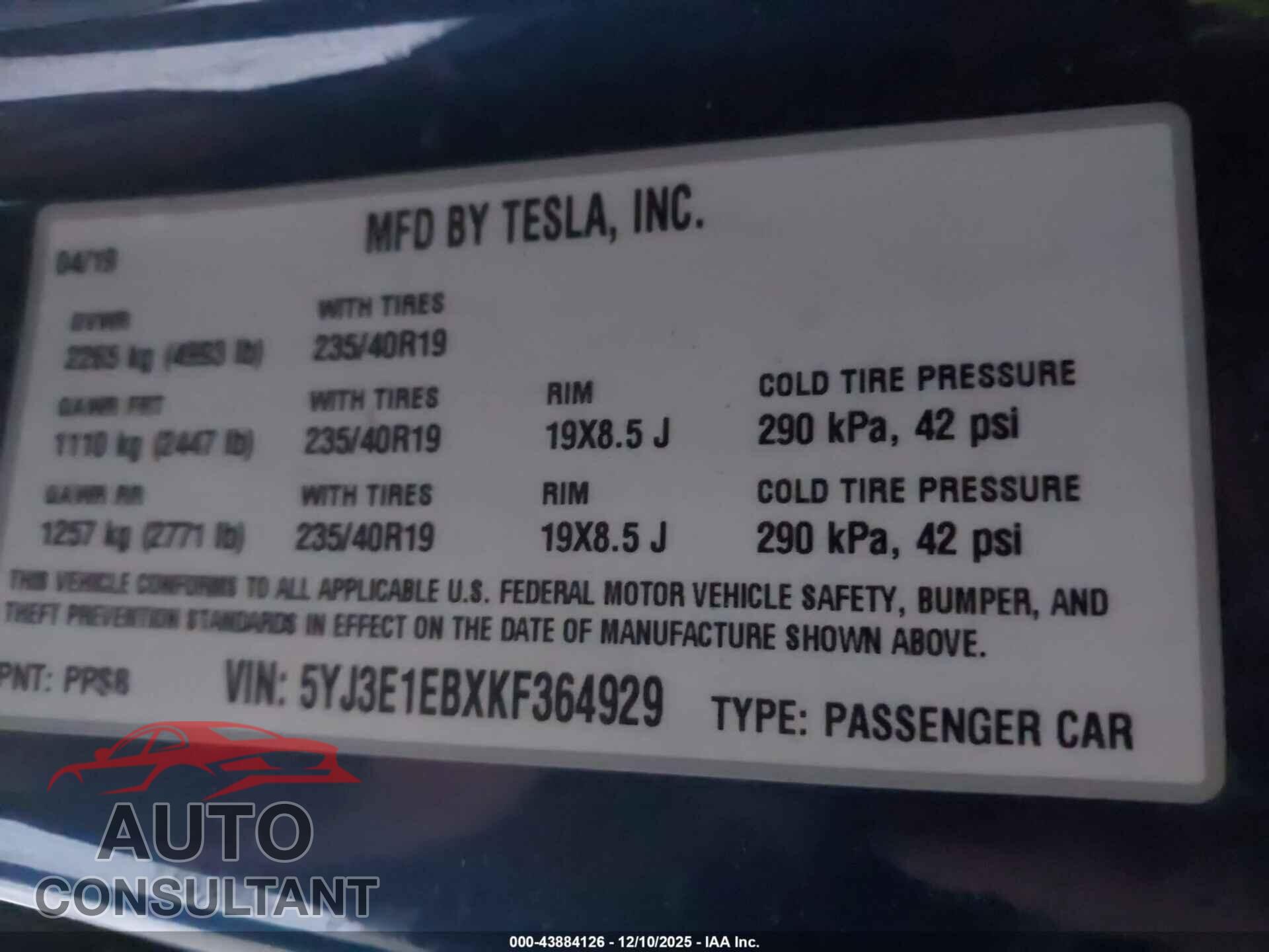 TESLA MODEL 3 2019 - 5YJ3E1EBXKF364929