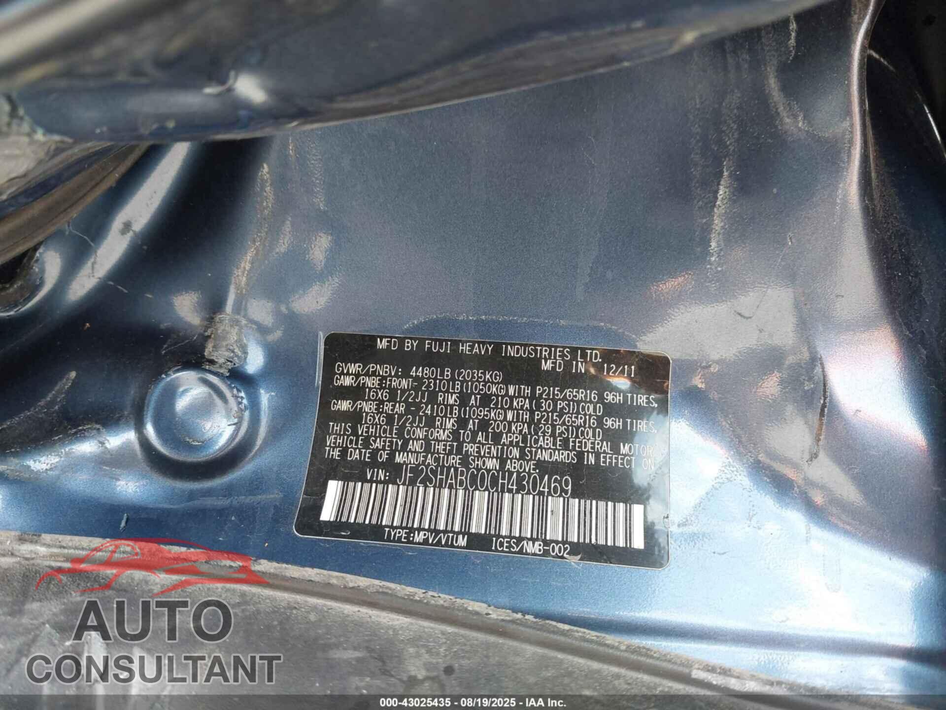 SUBARU FORESTER 2012 - JF2SHABC0CH430469