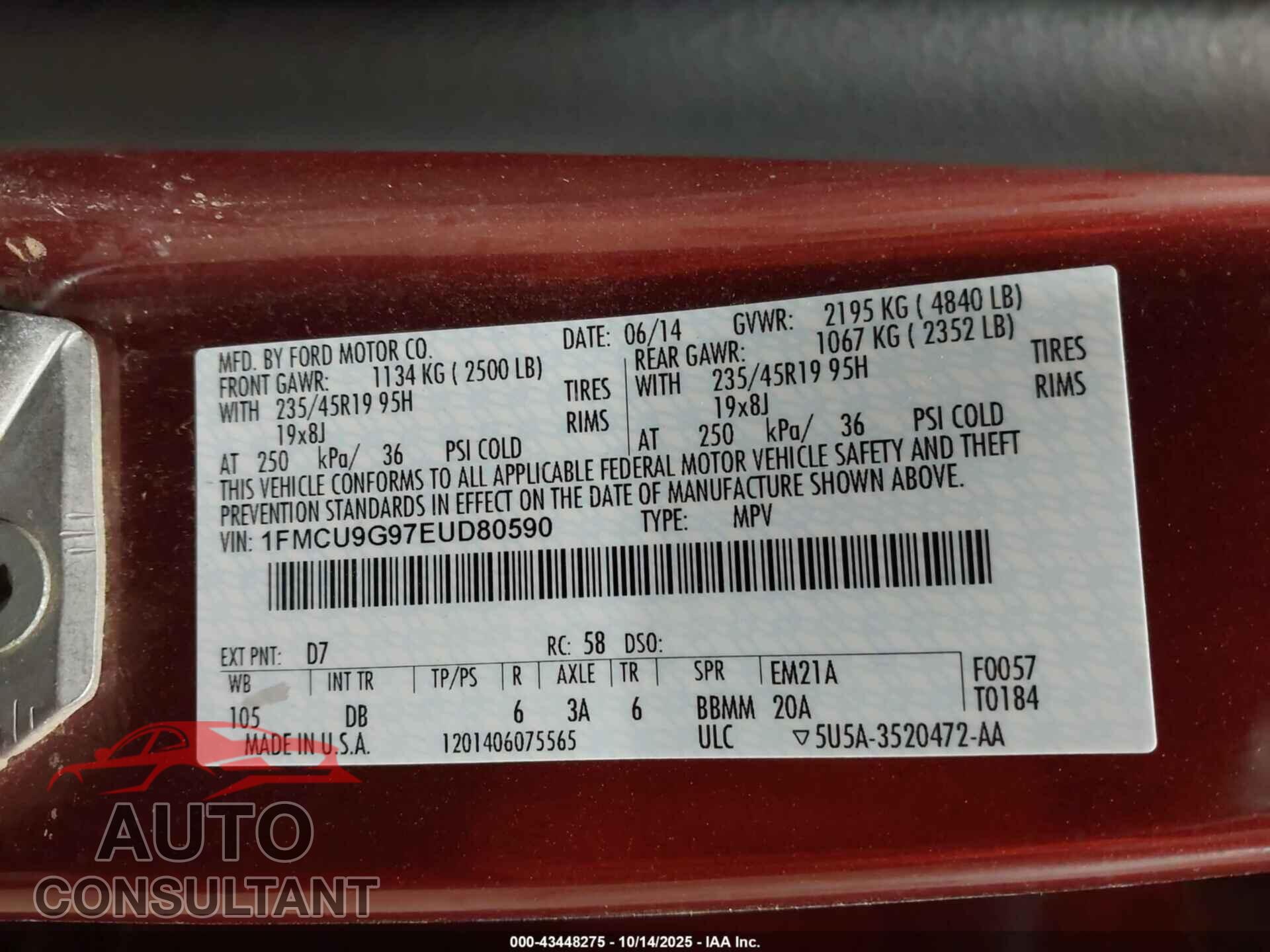 FORD ESCAPE 2014 - 1FMCU9G97EUD80590