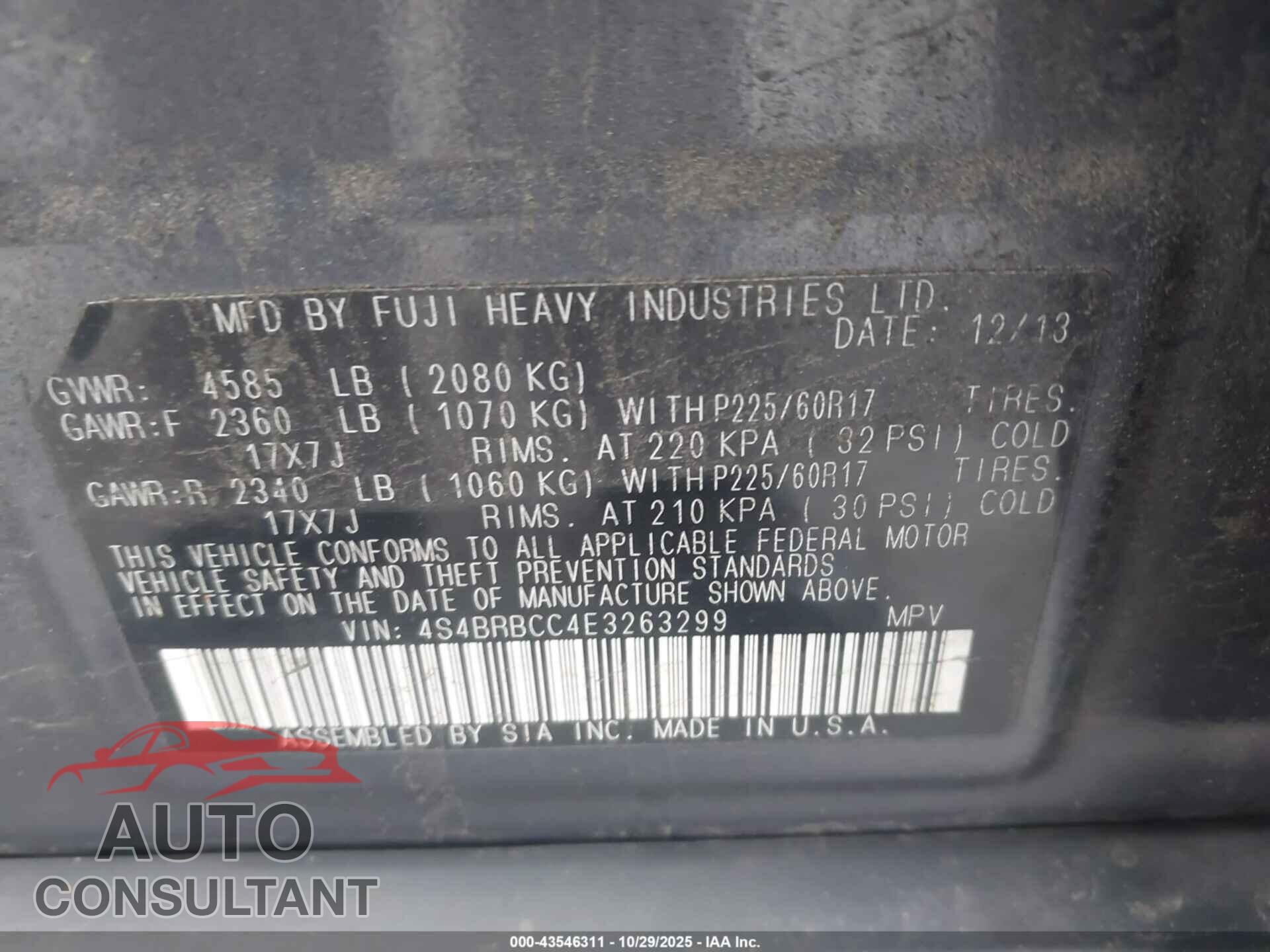 SUBARU OUTBACK 2014 - 4S4BRBCC4E3263299