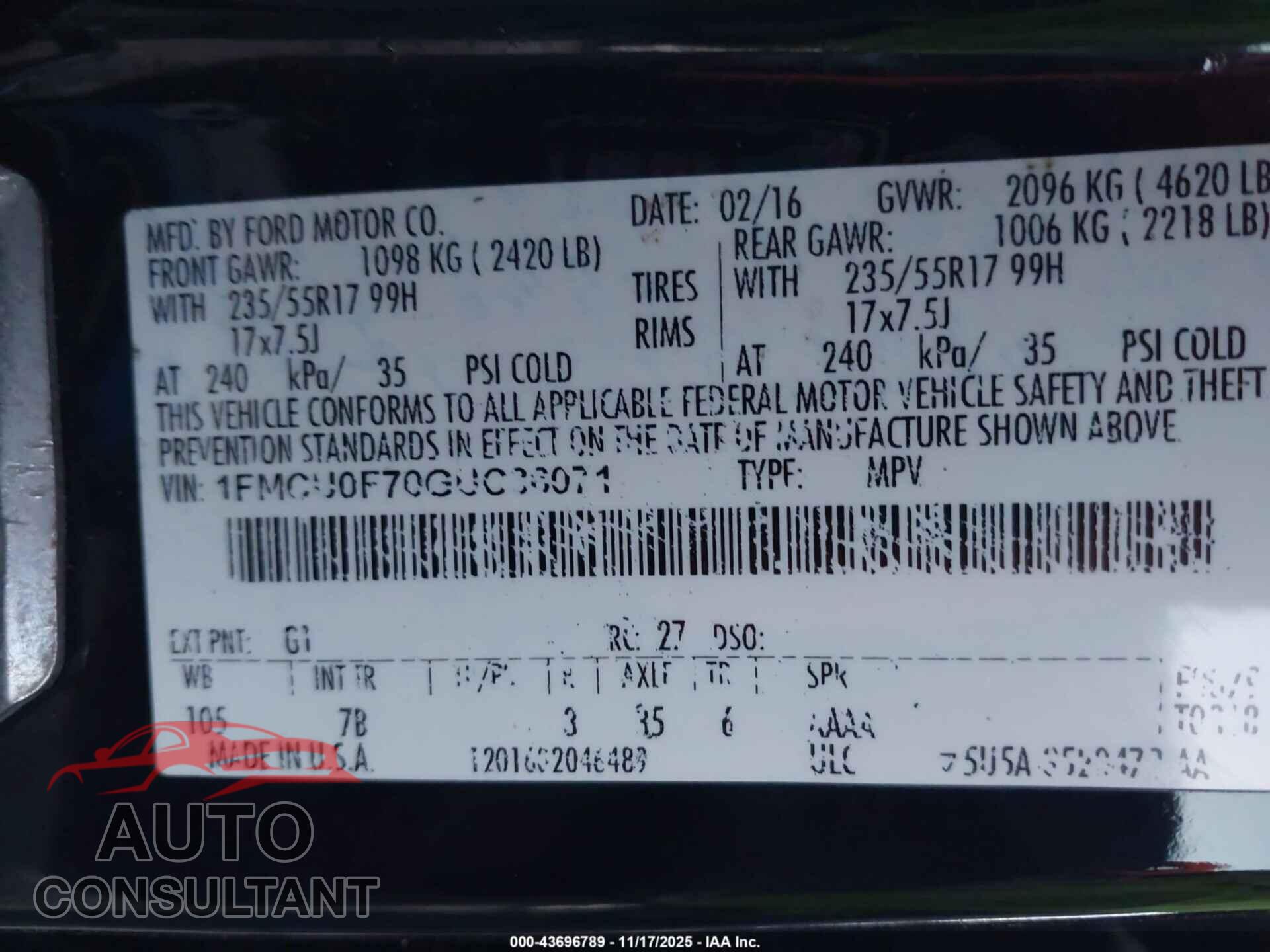 FORD ESCAPE 2016 - 1FMCU0F70GUC36071
