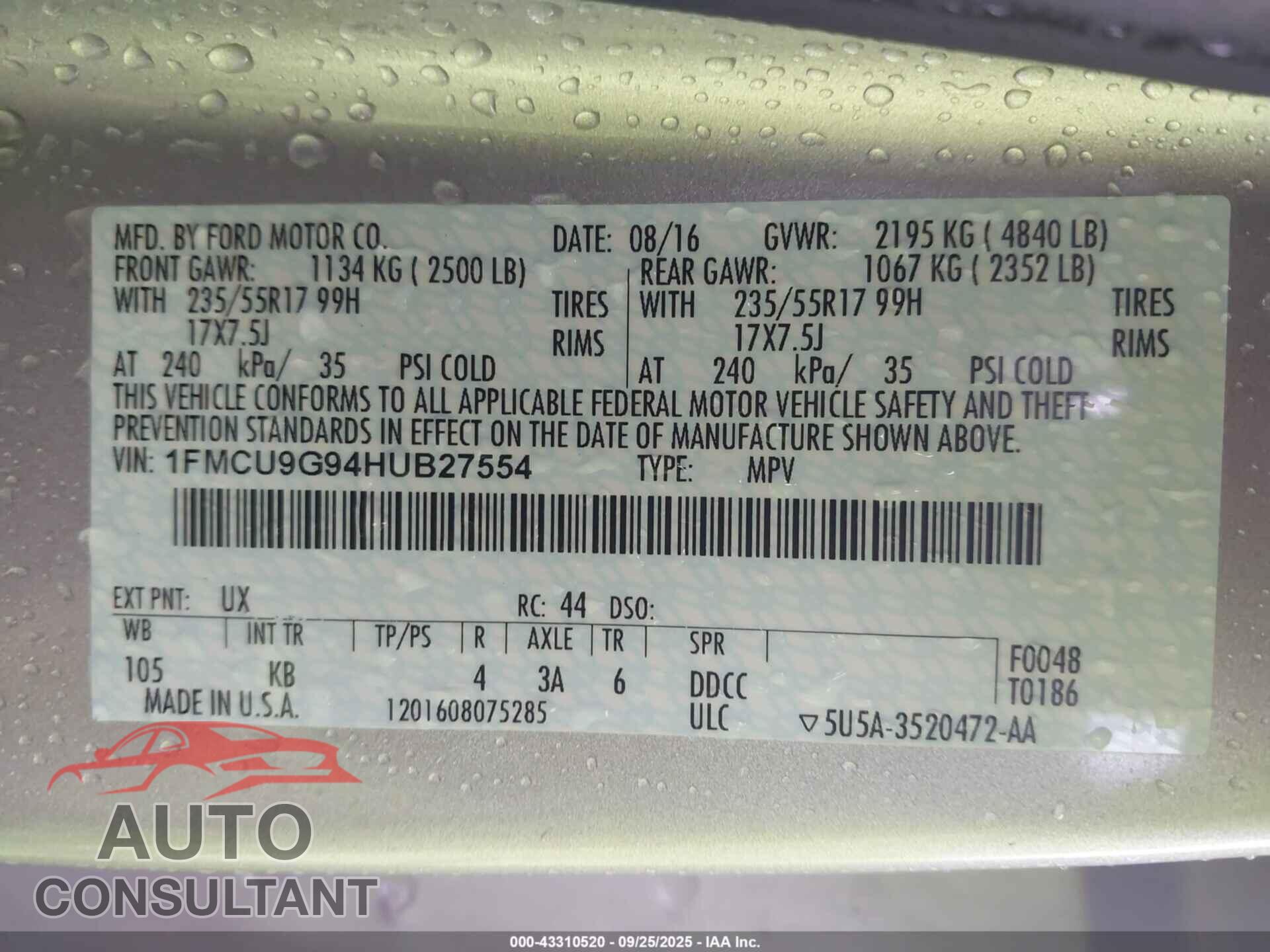 FORD ESCAPE 2017 - 1FMCU9G94HUB27554