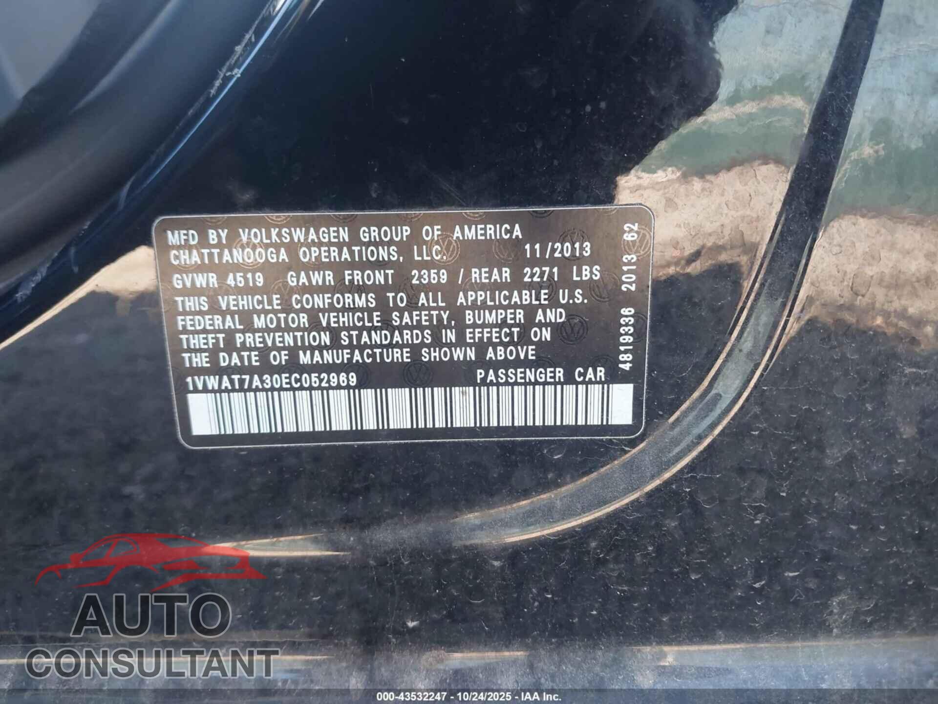 VOLKSWAGEN PASSAT 2014 - 1VWAT7A30EC052969