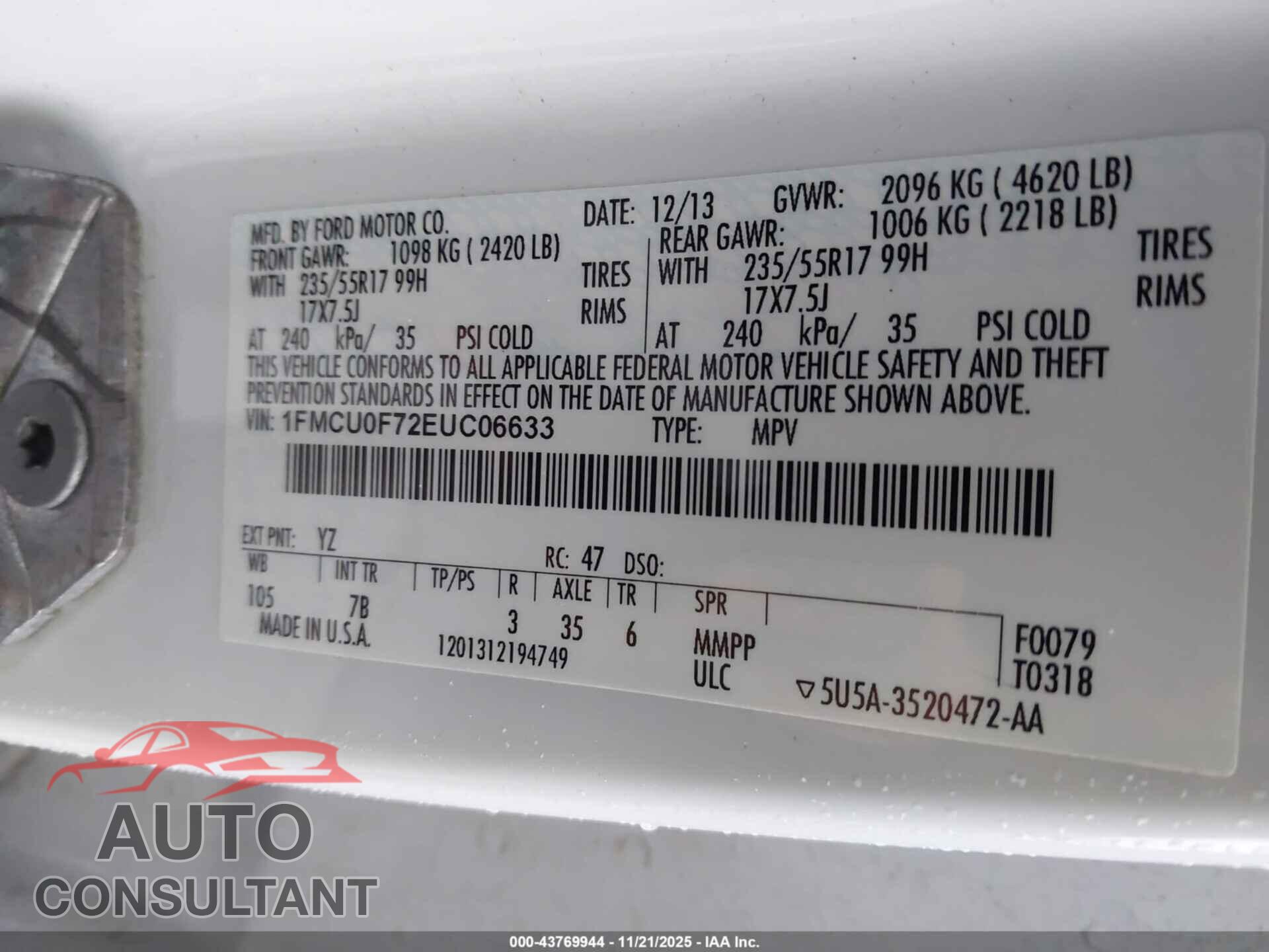 FORD ESCAPE 2014 - 1FMCU0F72EUC06633