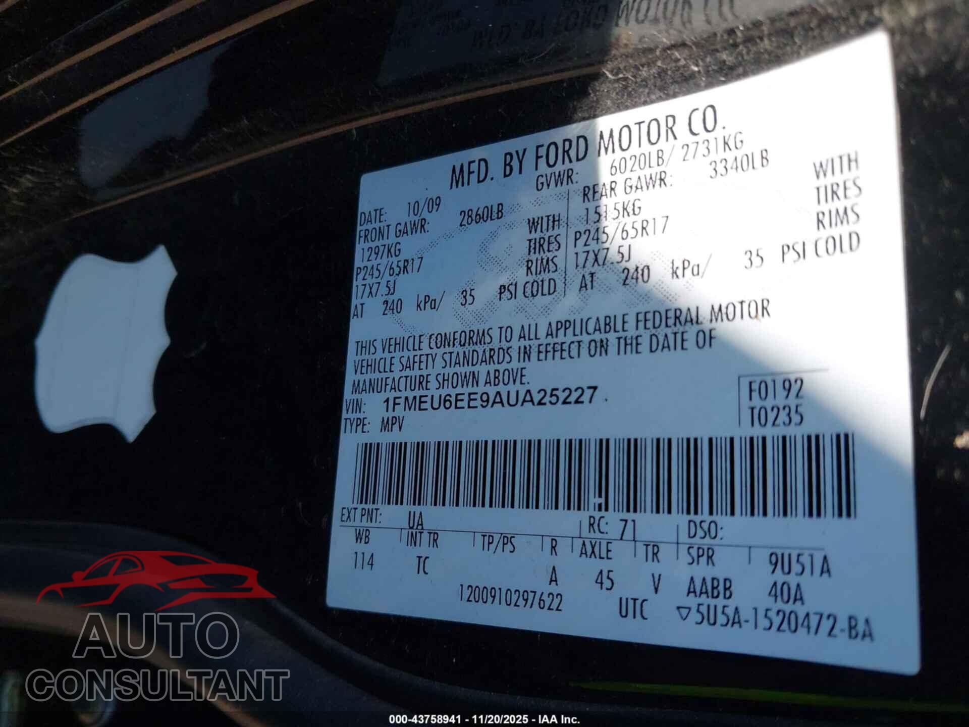 FORD EXPLORER 2010 - 1FMEU6EE9AUA25227