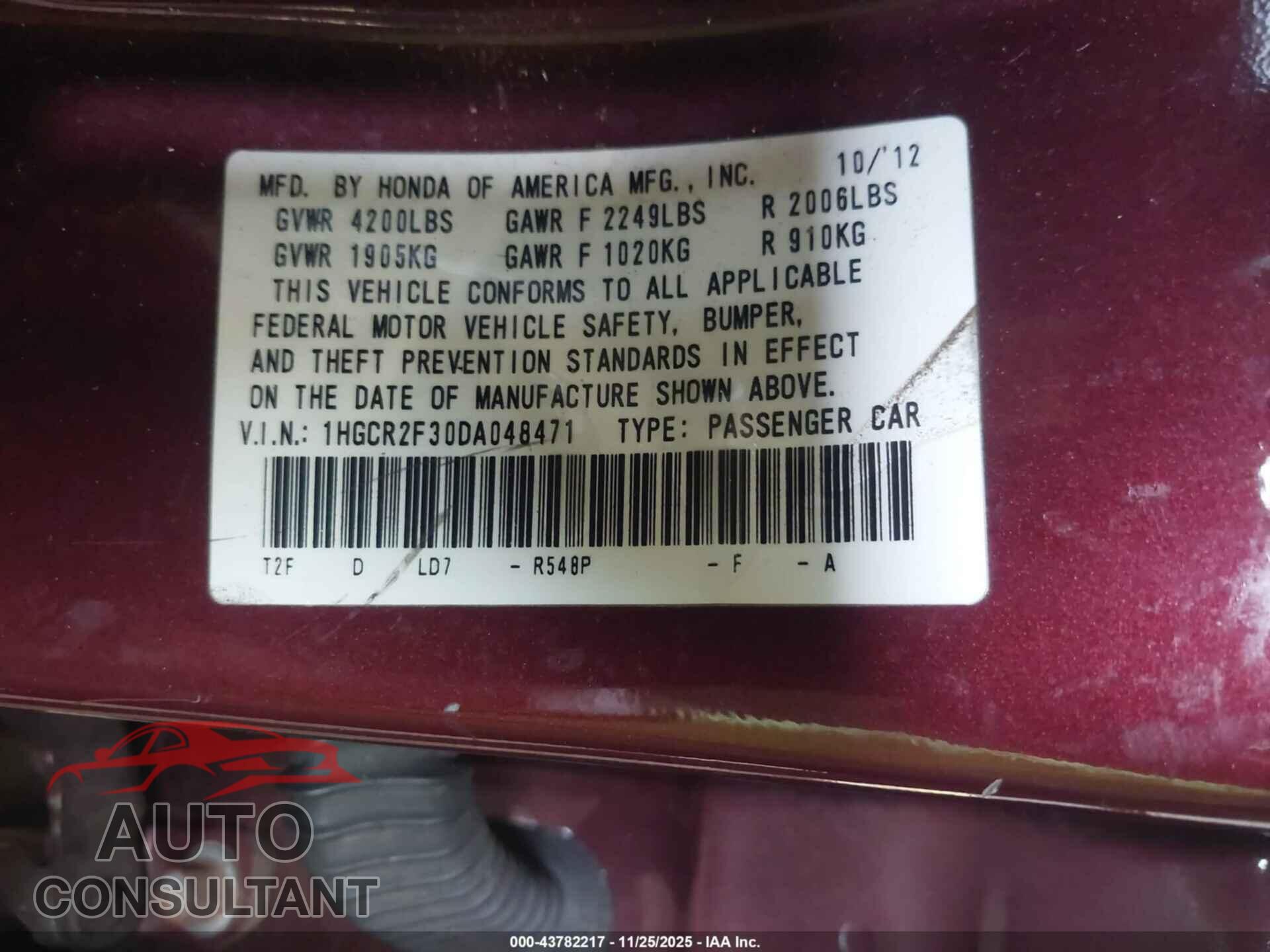HONDA ACCORD 2013 - 1HGCR2F30DA048471