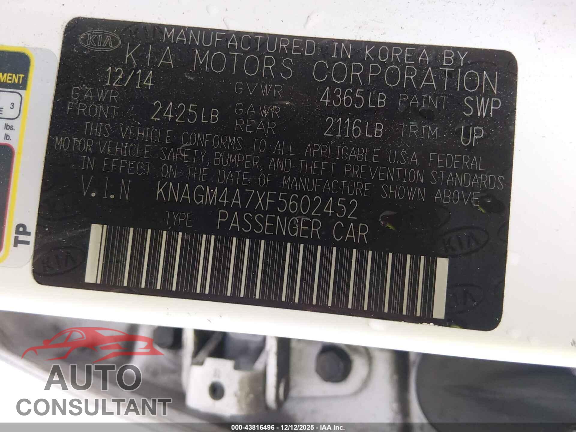 KIA OPTIMA 2015 - KNAGM4A7XF5602452