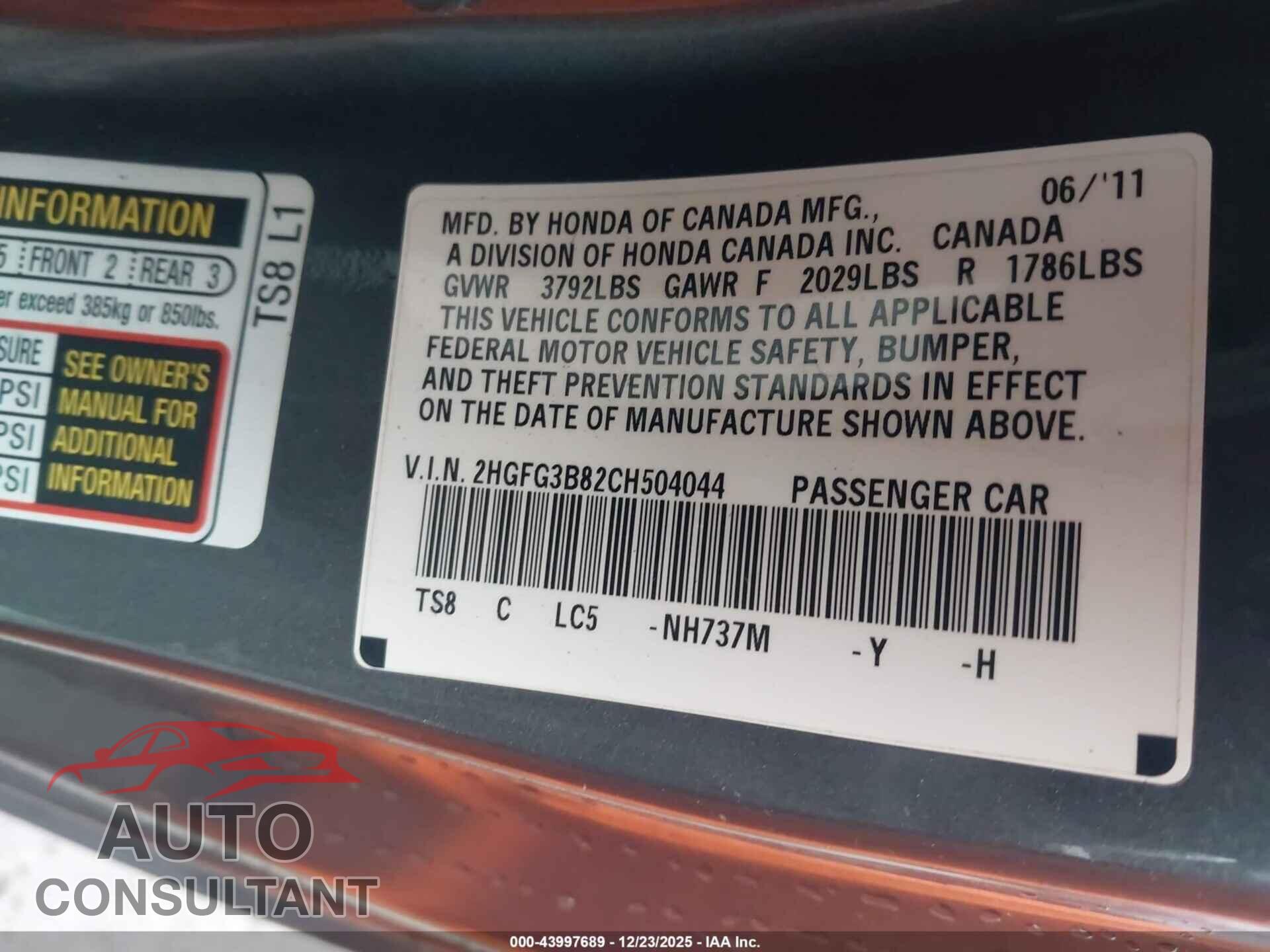 HONDA CIVIC 2012 - 2HGFG3B82CH504044