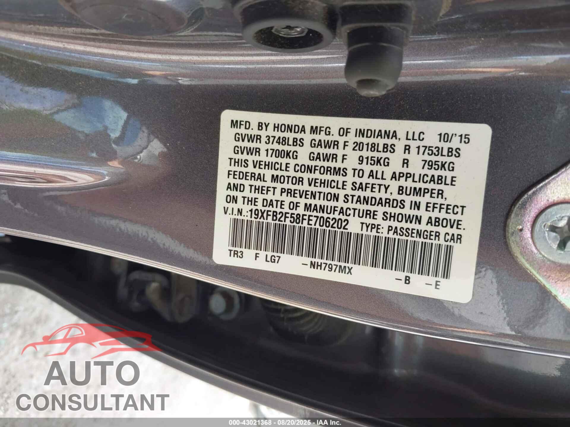 HONDA CIVIC 2015 - 19XFB2F58FE706202