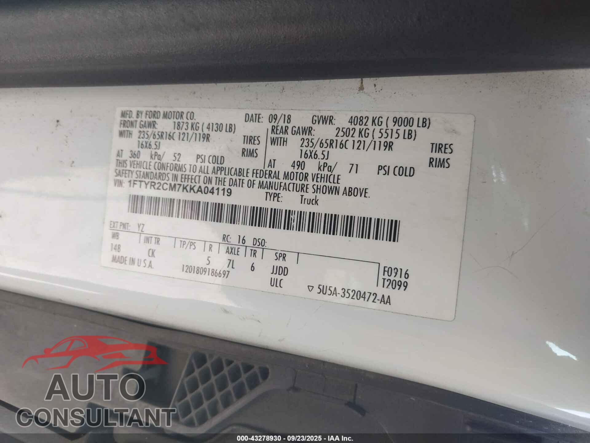 FORD TRANSIT-250 2019 - 1FTYR2CM7KKA04119