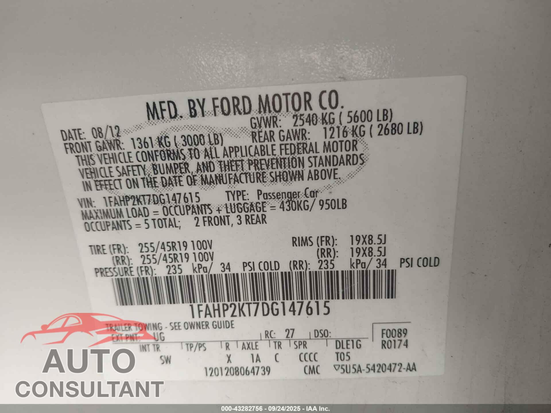 FORD TAURUS 2013 - 1FAHP2KT7DG147615