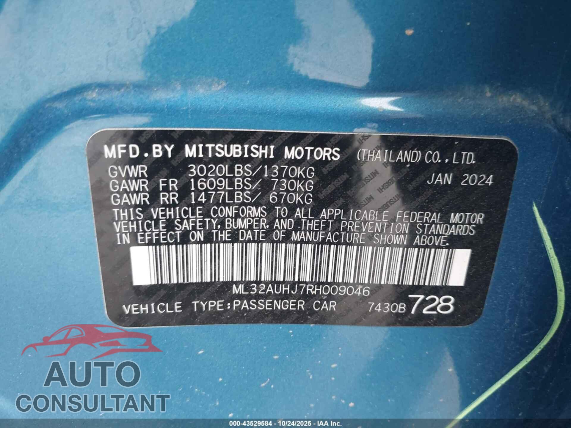 MITSUBISHI MIRAGE 2024 - ML32AUHJ7RH009046