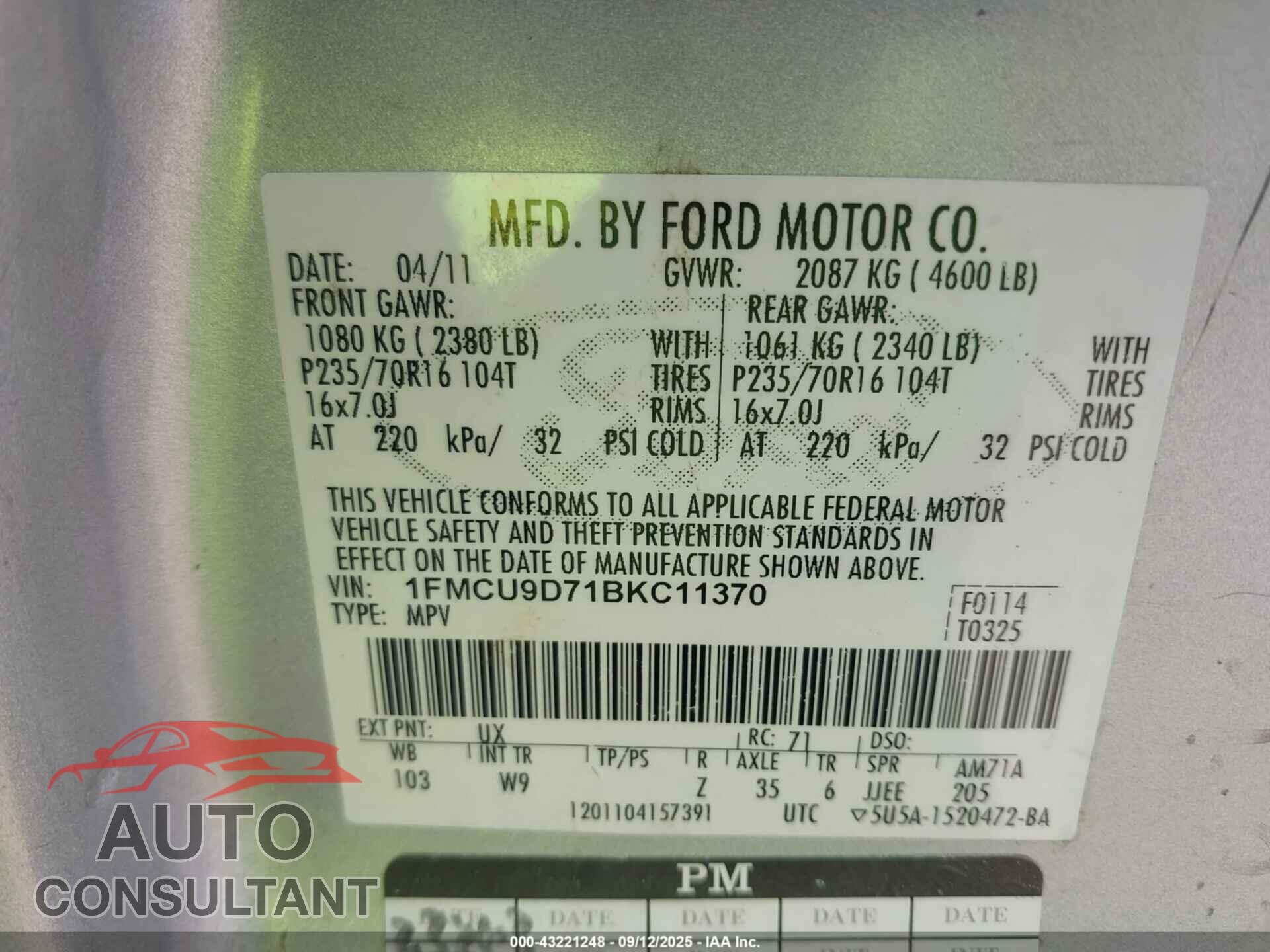 FORD ESCAPE 2011 - 1FMCU9D71BKC11370
