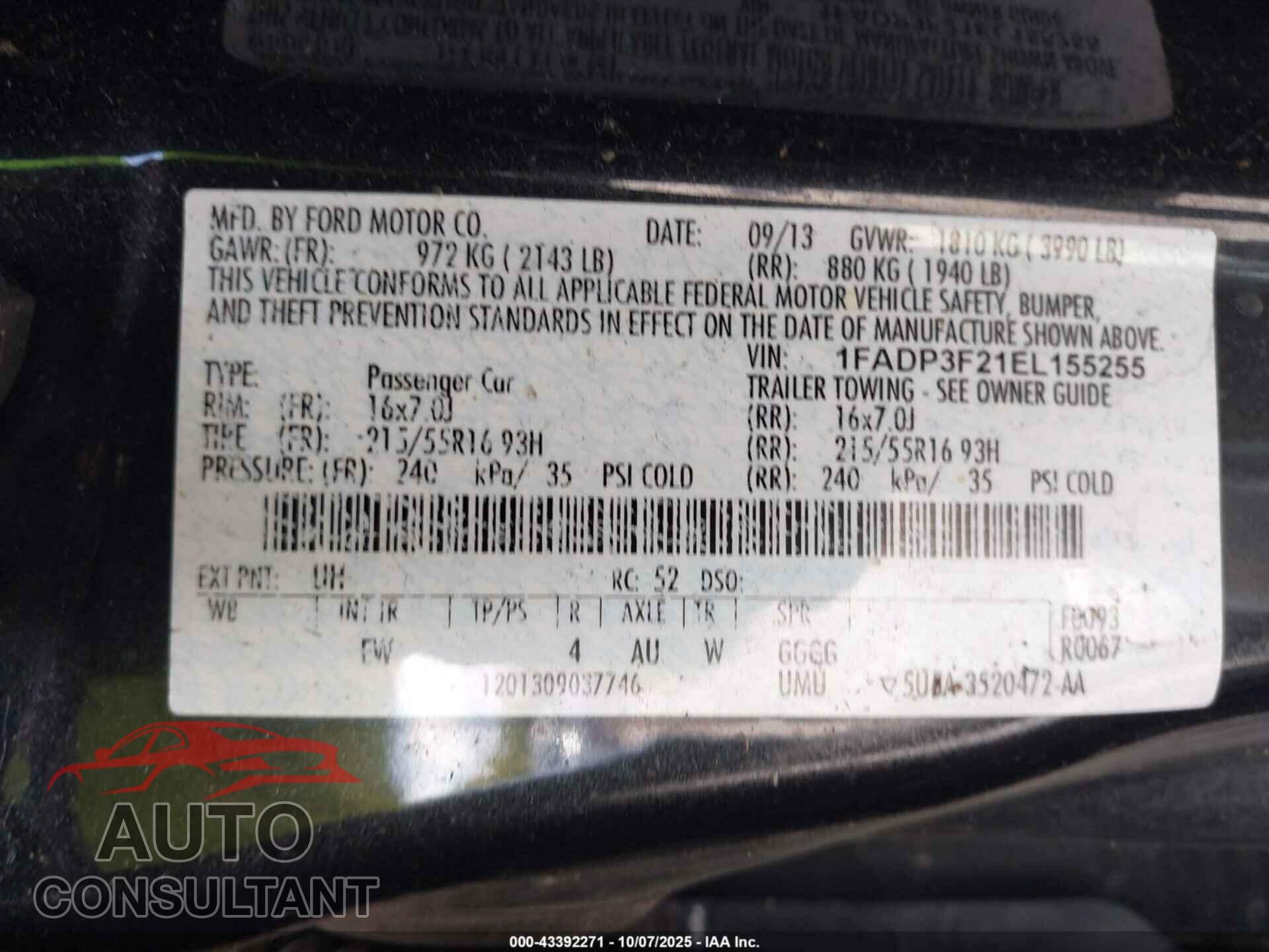 FORD FOCUS 2014 - 1FADP3F21EL155255