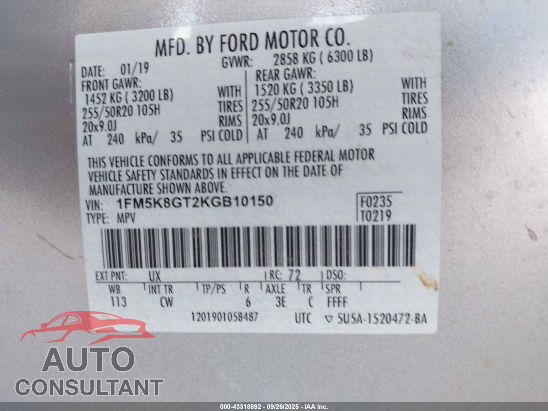 FORD EXPLORER 2019 - 1FM5K8GT2KGB10150