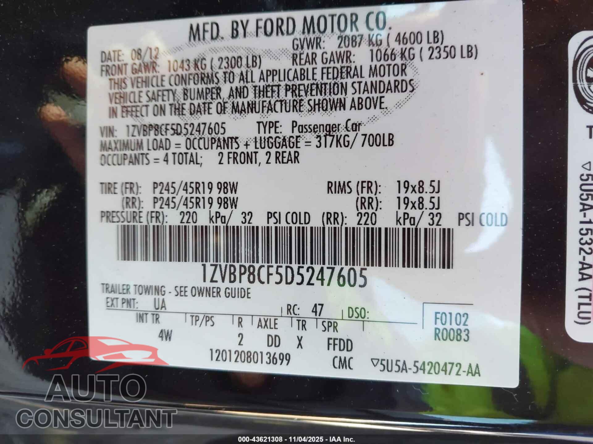 FORD MUSTANG 2013 - 1ZVBP8CF5D5247605