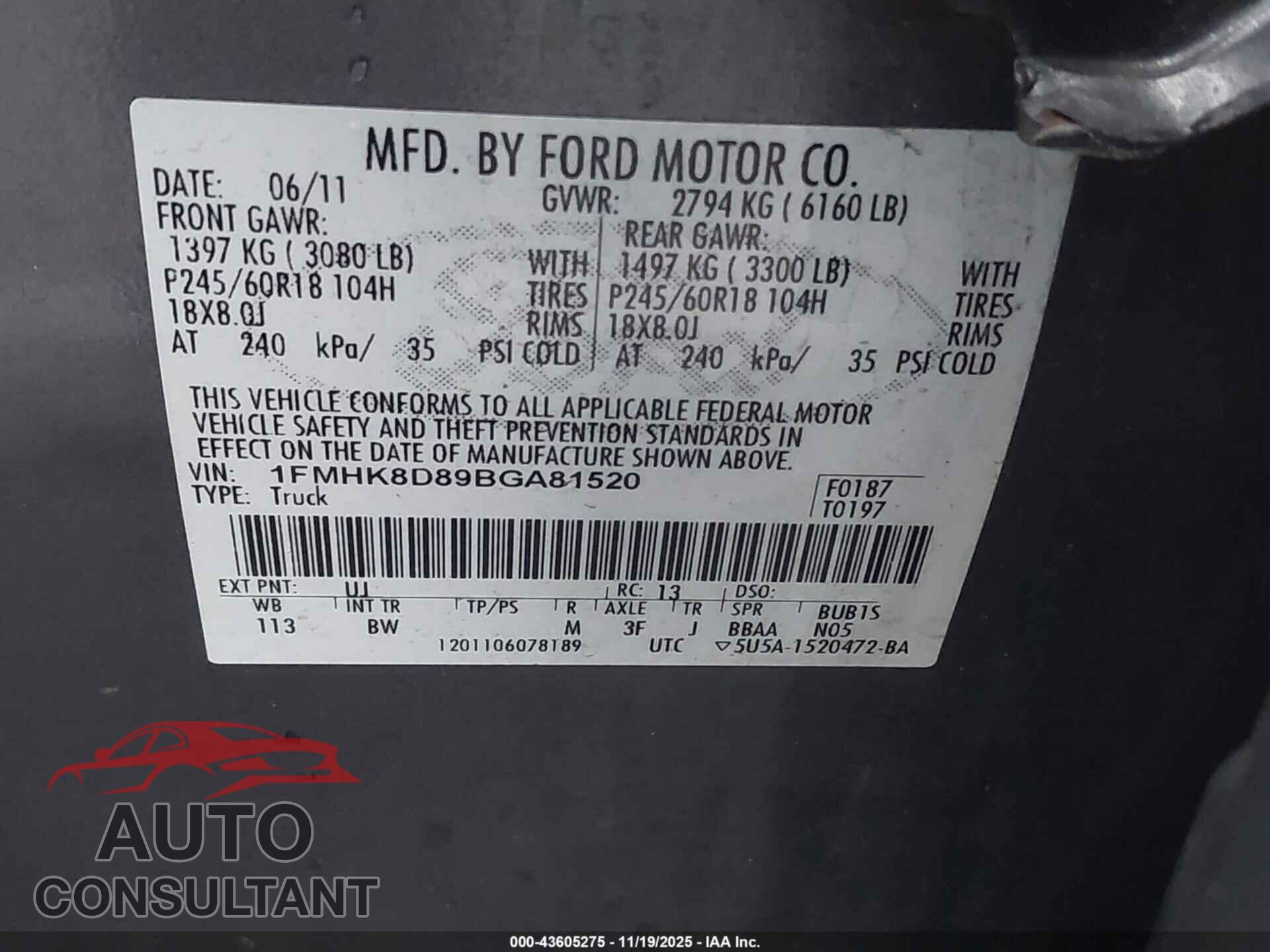 FORD EXPLORER 2011 - 1FMHK8D89BGA81520
