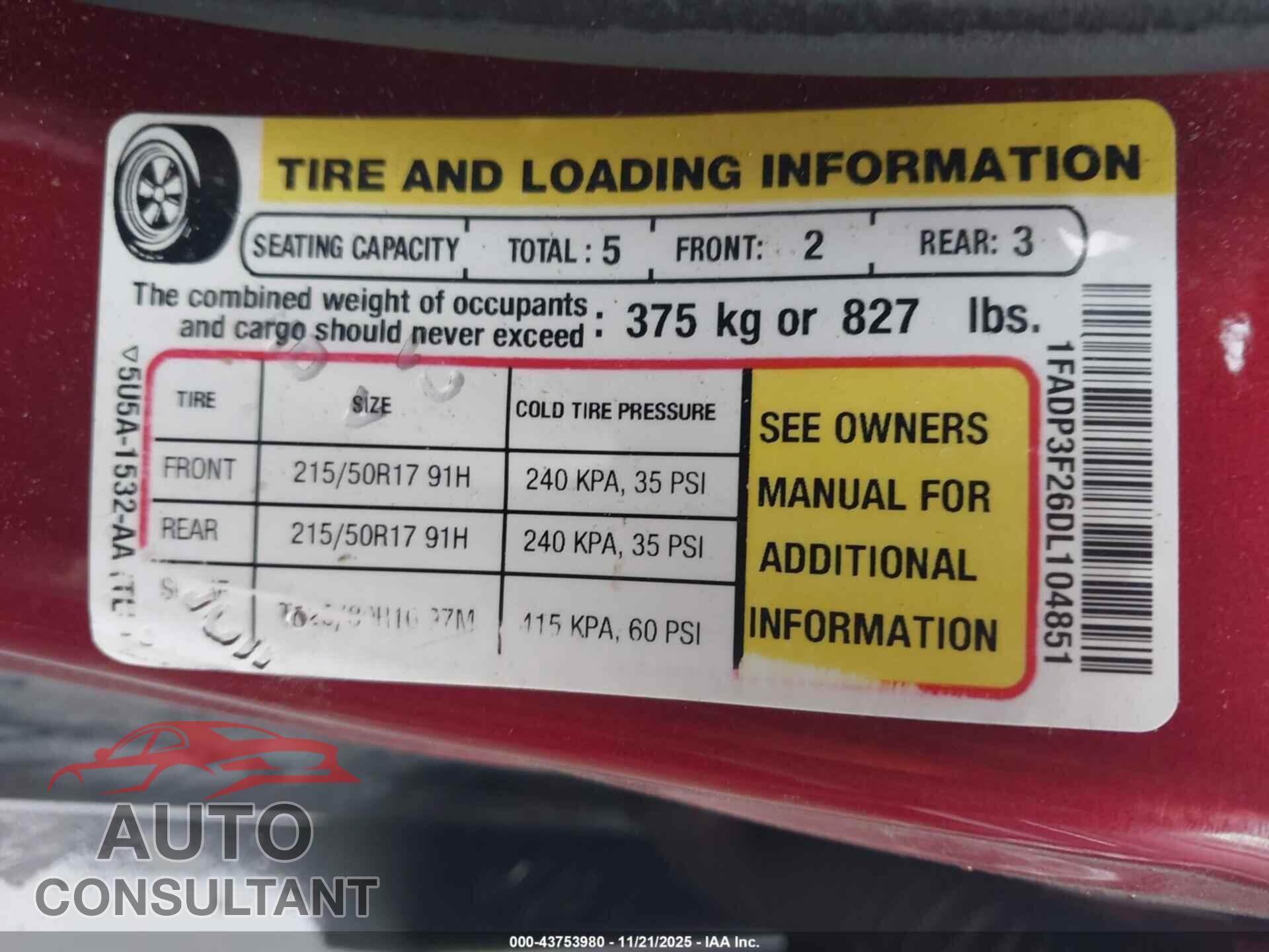 FORD FOCUS 2013 - 1FADP3F26DL104851