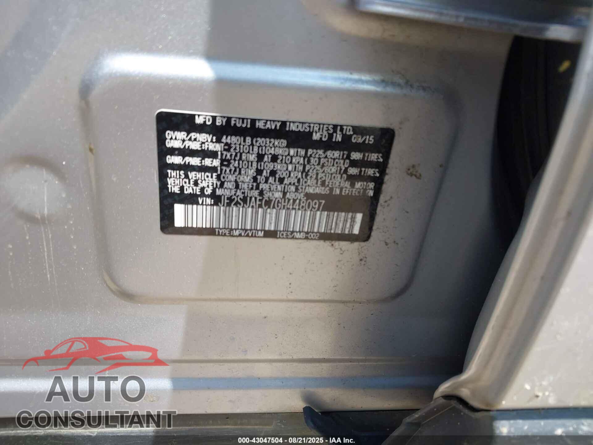 SUBARU FORESTER 2016 - JF2SJAFC7GH448097