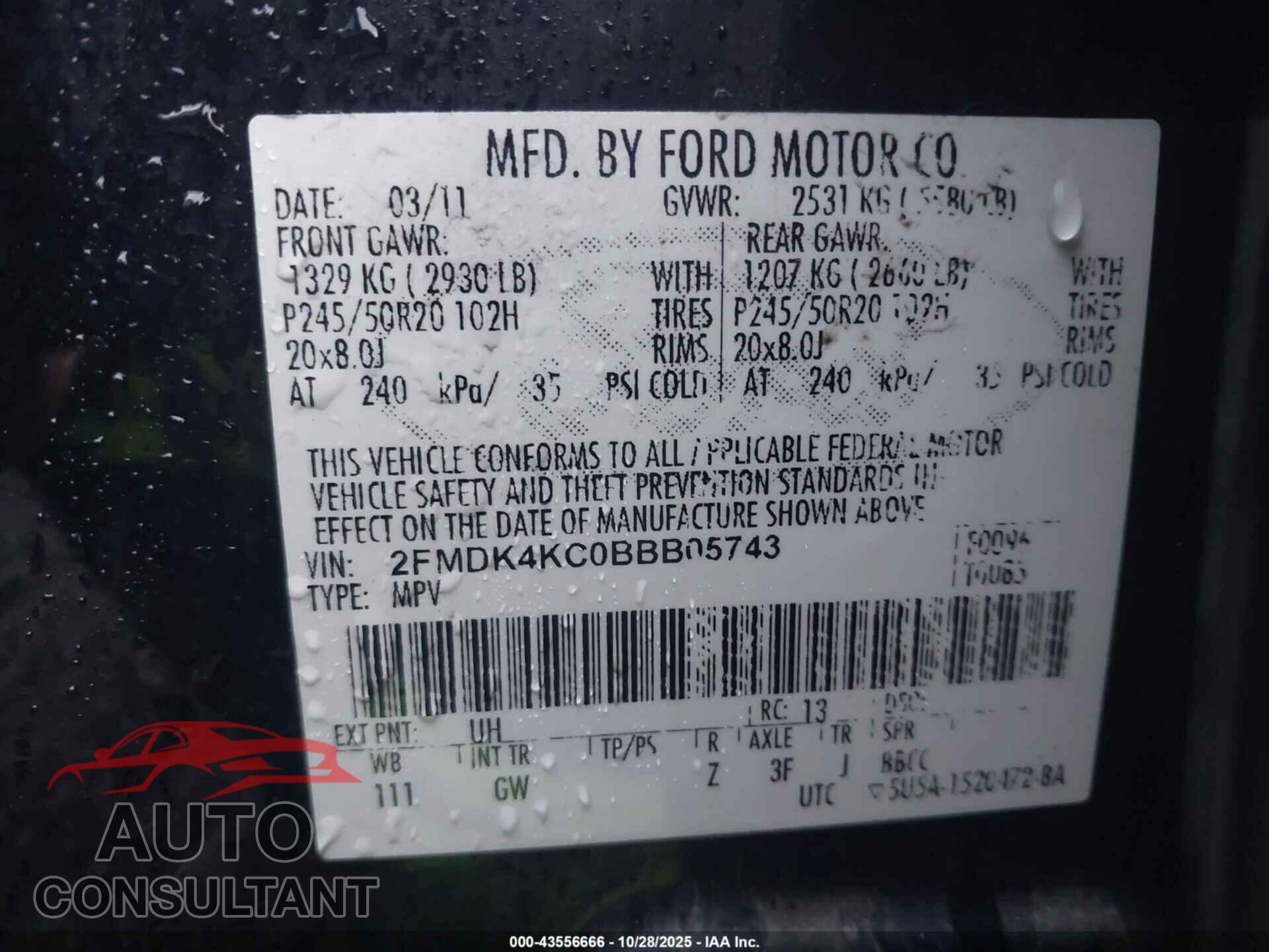 FORD EDGE 2011 - 2FMDK4KC0BBB05743