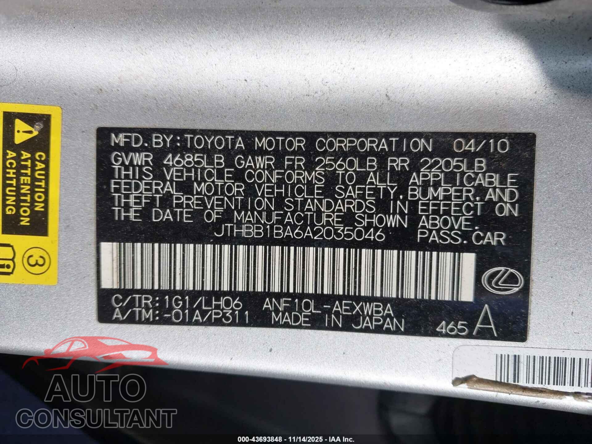 LEXUS HS 250H 2010 - JTHBB1BA6A2035046