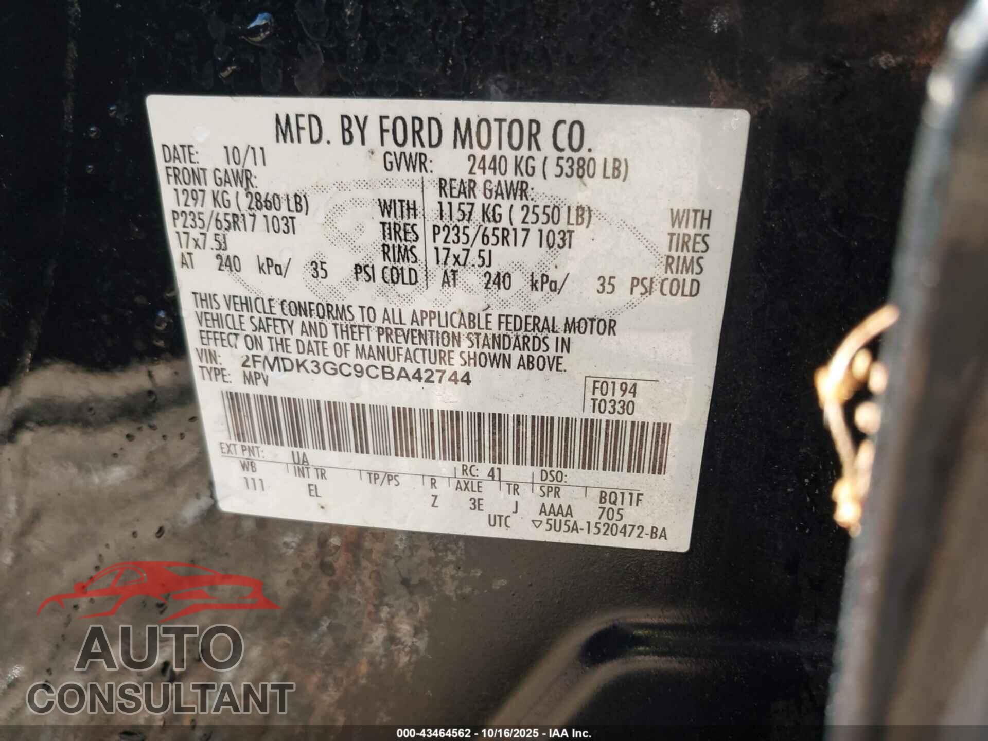 FORD EDGE 2012 - 2FMDK3GC9CBA42744